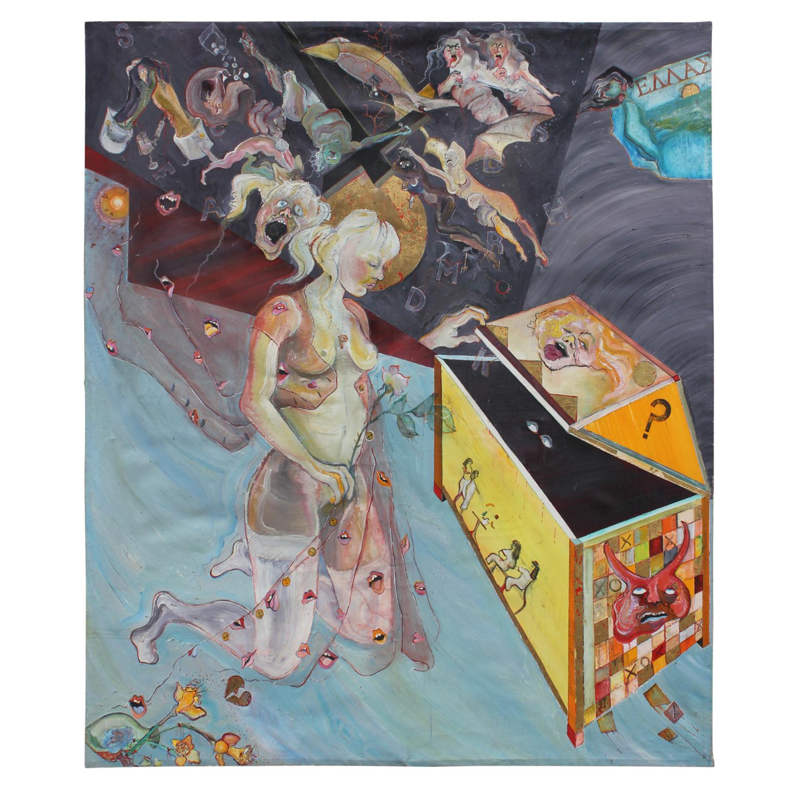Linda Sutton Abstract Painting - "Pandora's Box" Large Greek Mythology Theme Surrealist Painting