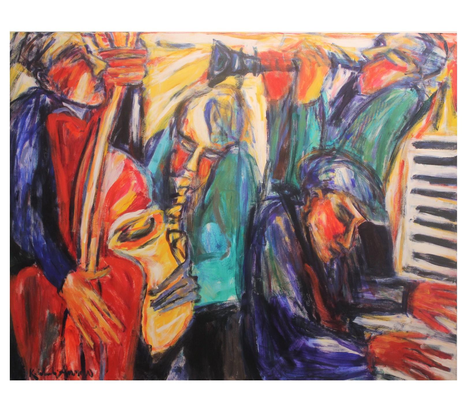 Kathy Whaley Ammon Figurative Painting - "Jazz Improve with Piano Man" Impressionist Warm Toned Painting