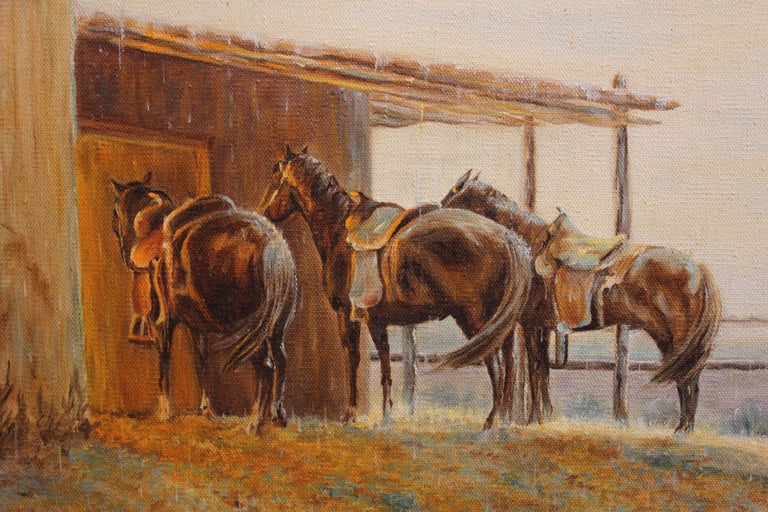 J. Lawshe - Naturalistic Raining Western Scene with Horses at 1stDibs