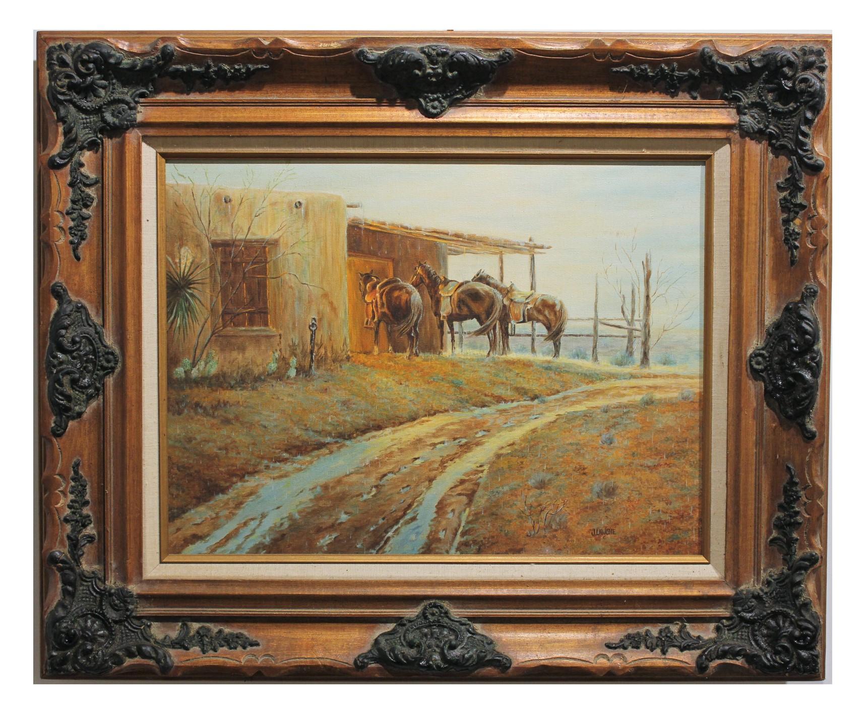 J. Lawshe Landscape Painting - Naturalistic Raining Western Scene with Horses