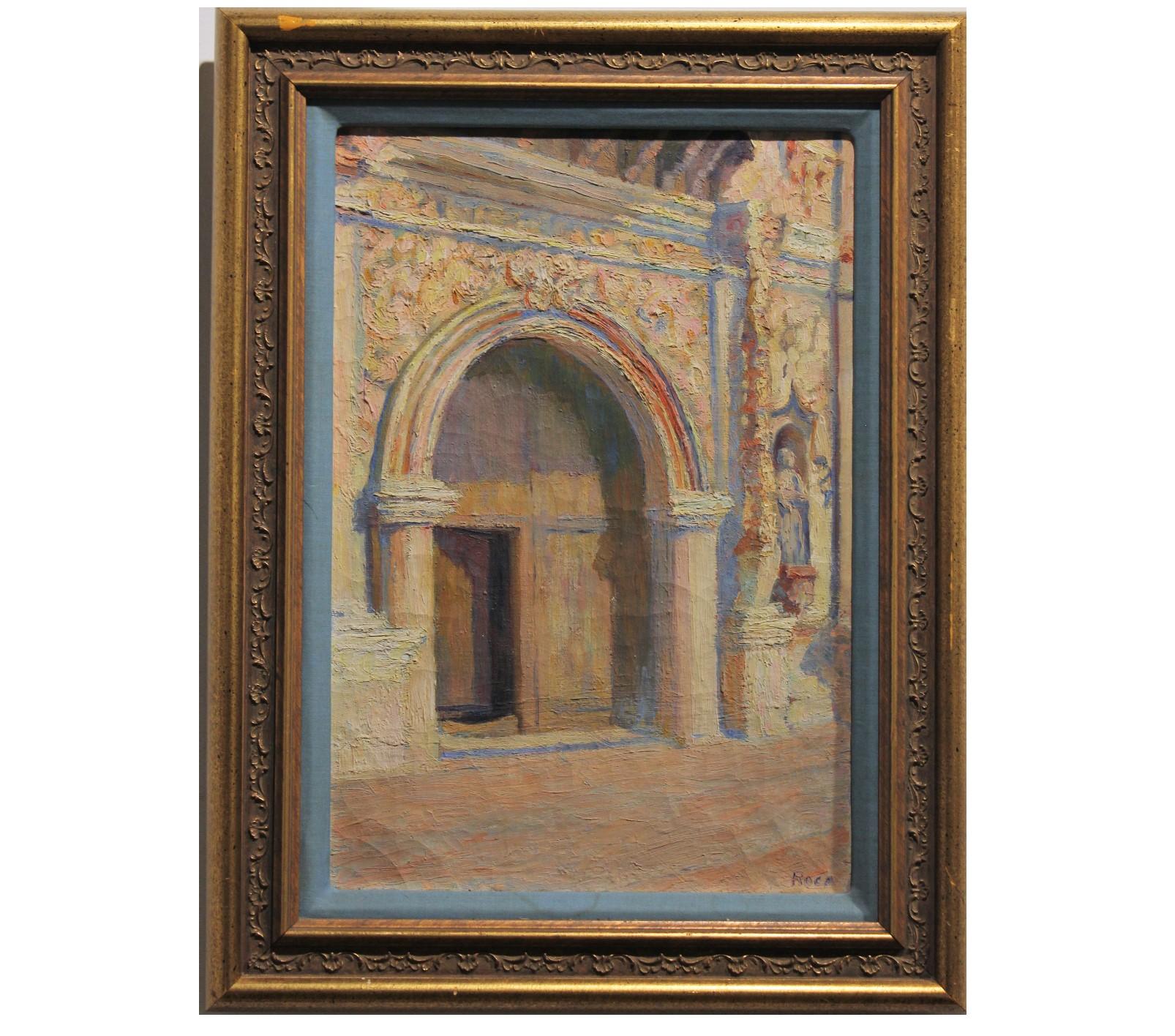 Roca Interior Painting - Pastel Colored Architectural Abstract Painting of a Chapel Entrance 
