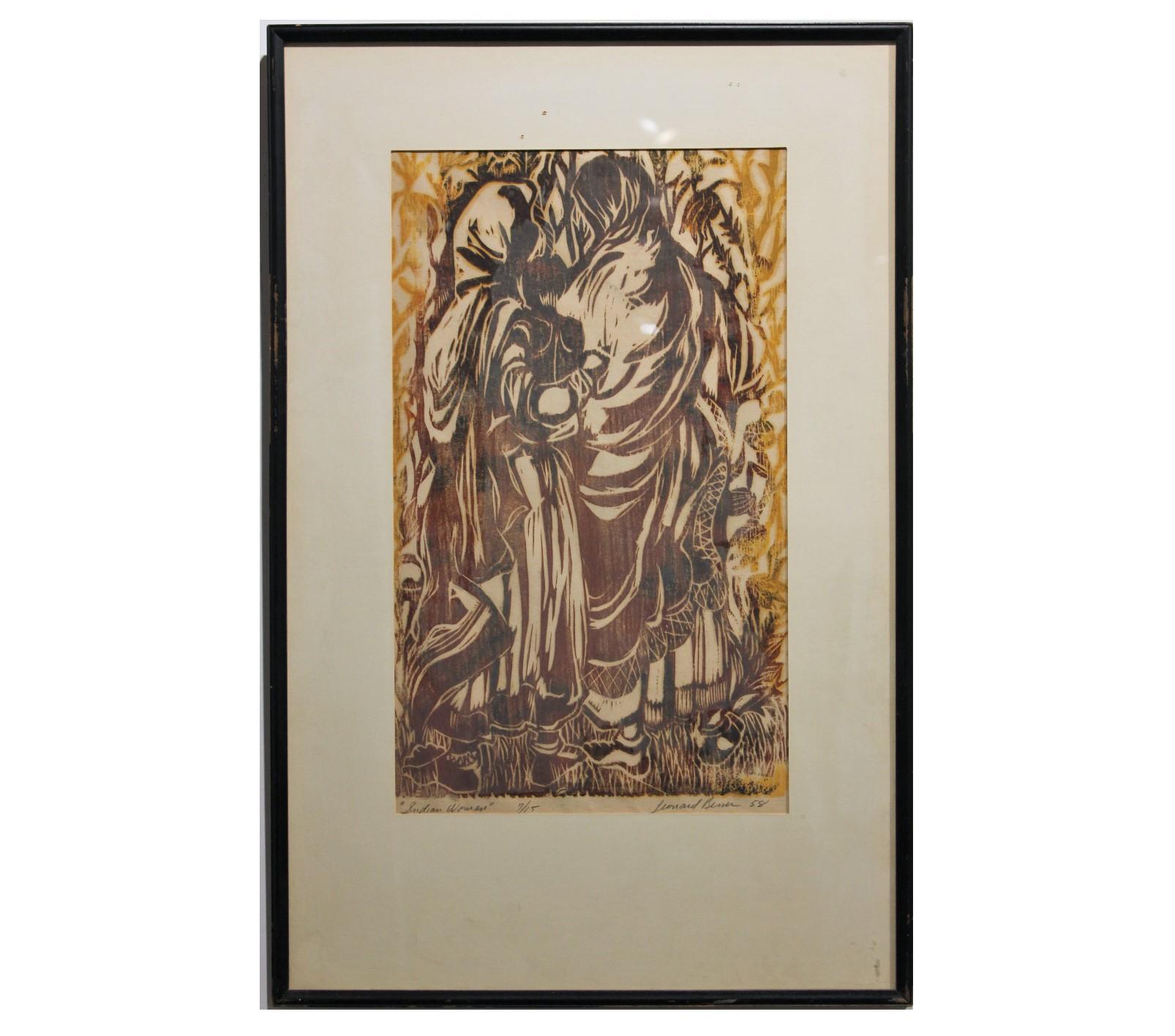 Leonard Besser Abstract Print - "Indian Women" Brown Tonal Lithograph Edition 7 of 15