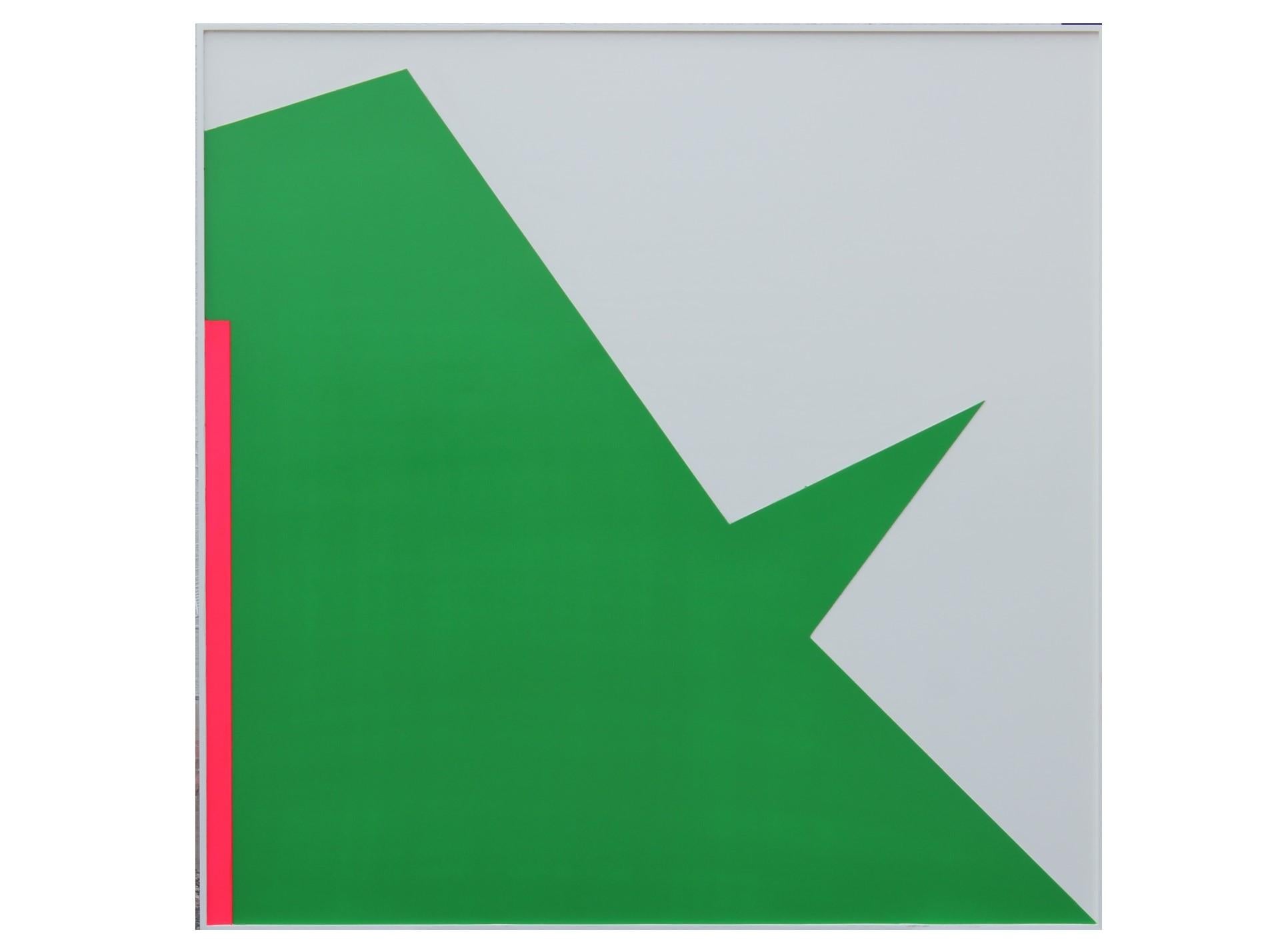 Green, white and hot pink tonal minimal painting. The painting is framed in a green frame that matches the green on the paint. Painting is framed, titled and dated by the artist. Has similar painting by Matthew Reeves that fits the same style. The