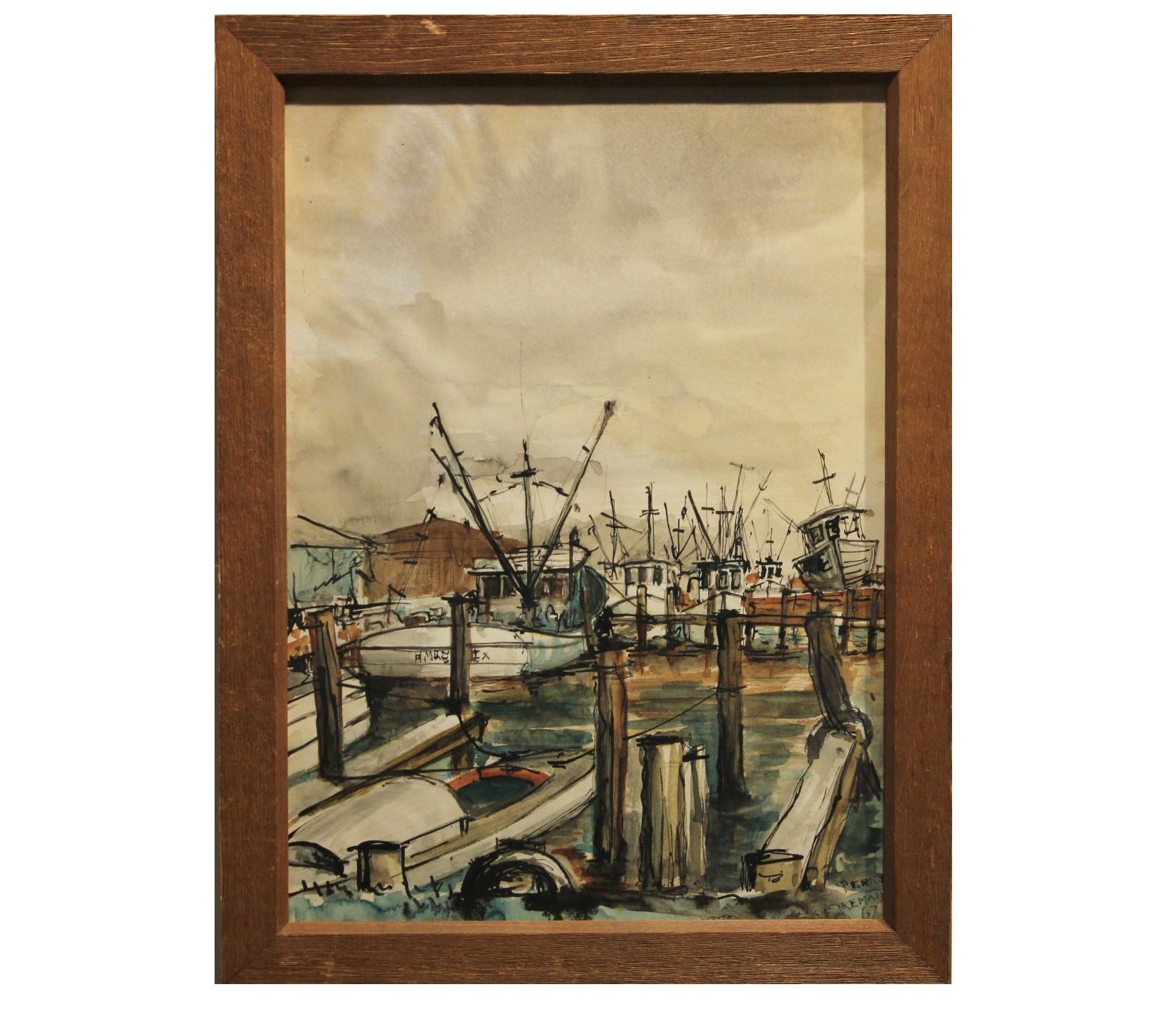 Perry Landscape Art - "Kemah" Seascape with Boats at the Dock