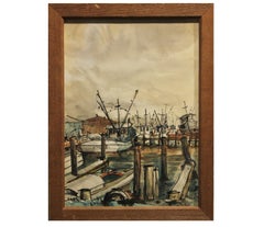 Vintage "Kemah" Seascape with Boats at the Dock