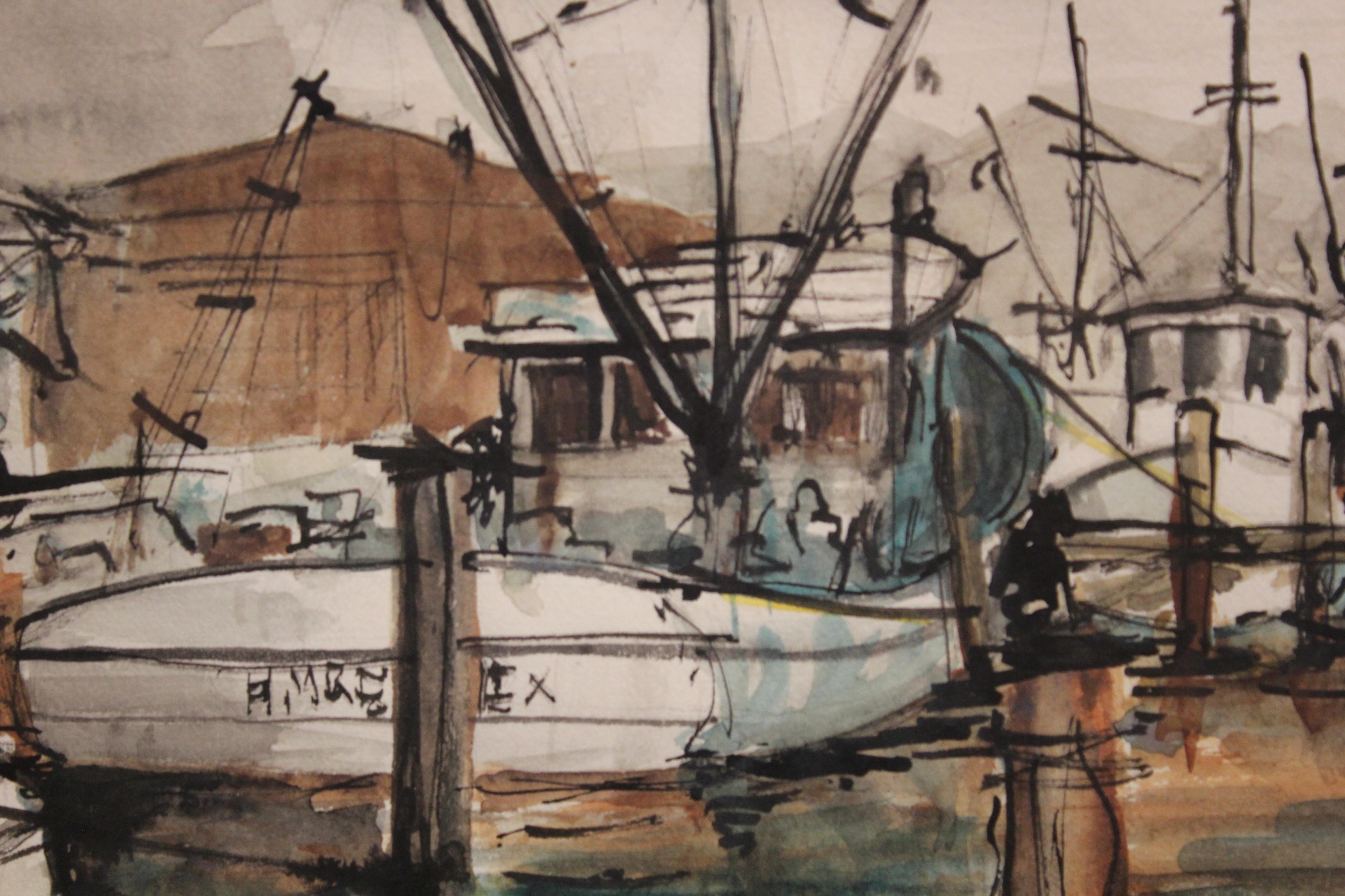 „Kemah“-Seelandschaft mit Booten im Dock (Naturalismus), Art, von Perry