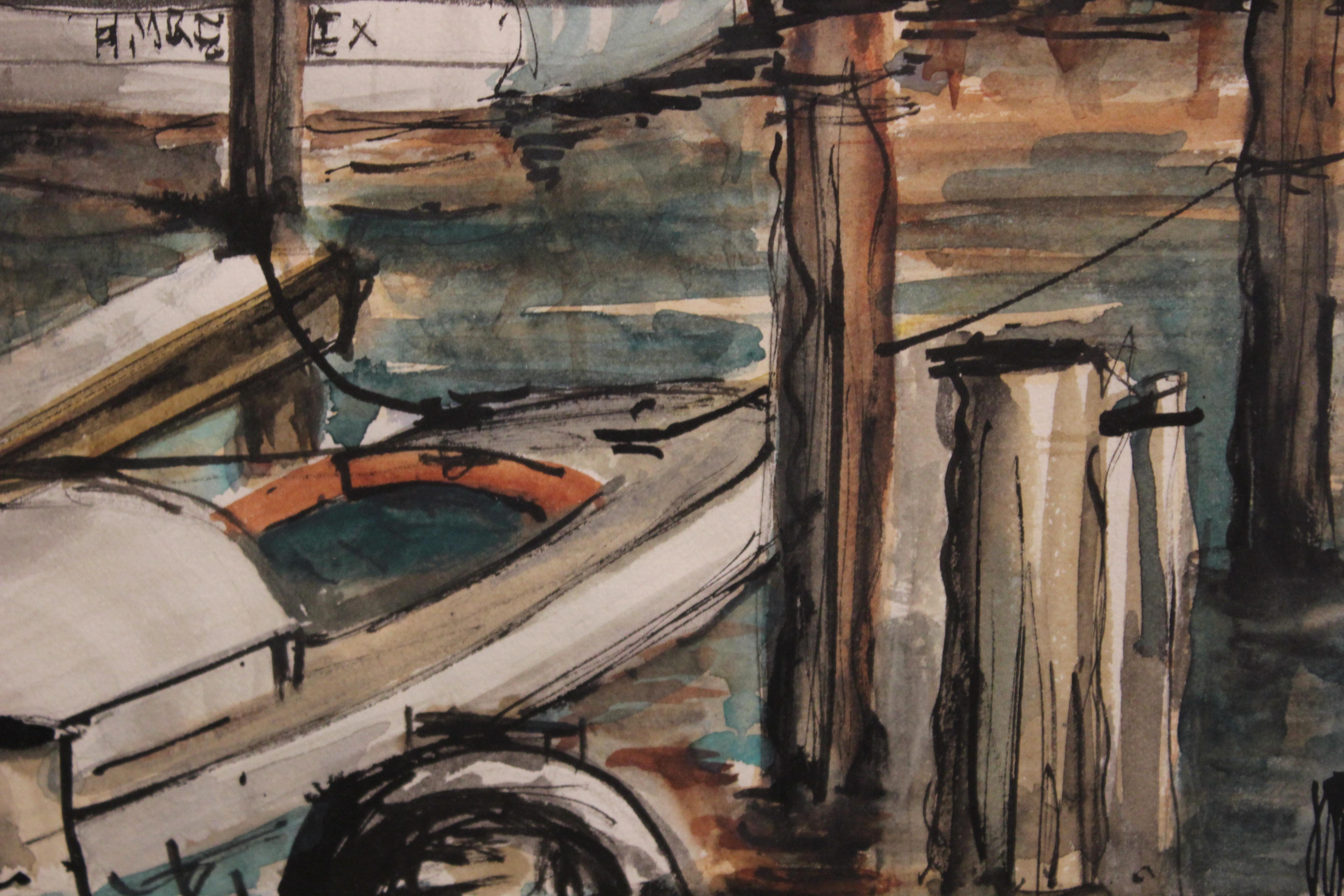 „Kemah“-Seelandschaft mit Booten im Dock (Braun), Landscape Art, von Perry