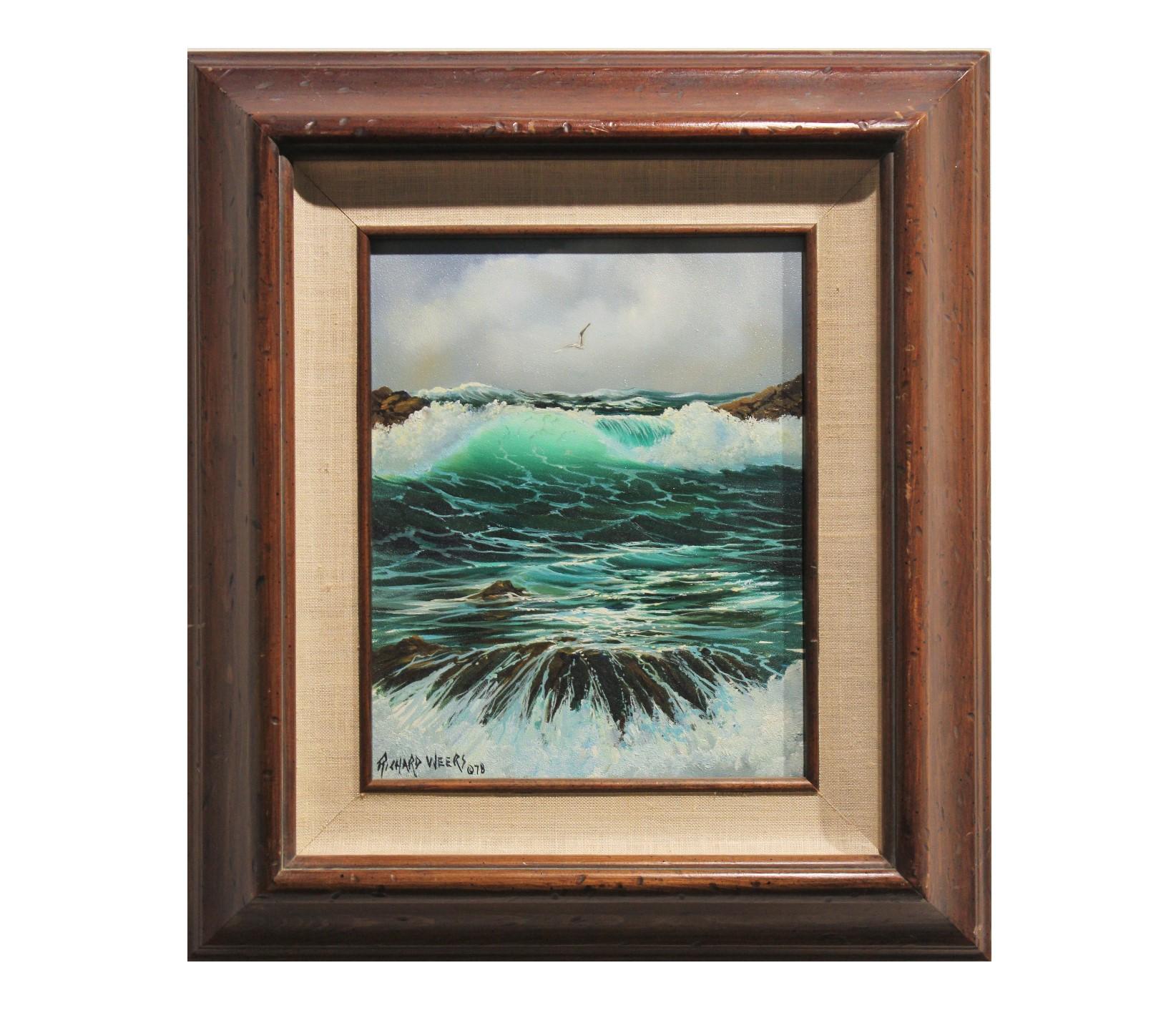 Stormy Seascape with Seagull Flying and Crashing Waves - Painting by Richard Weers