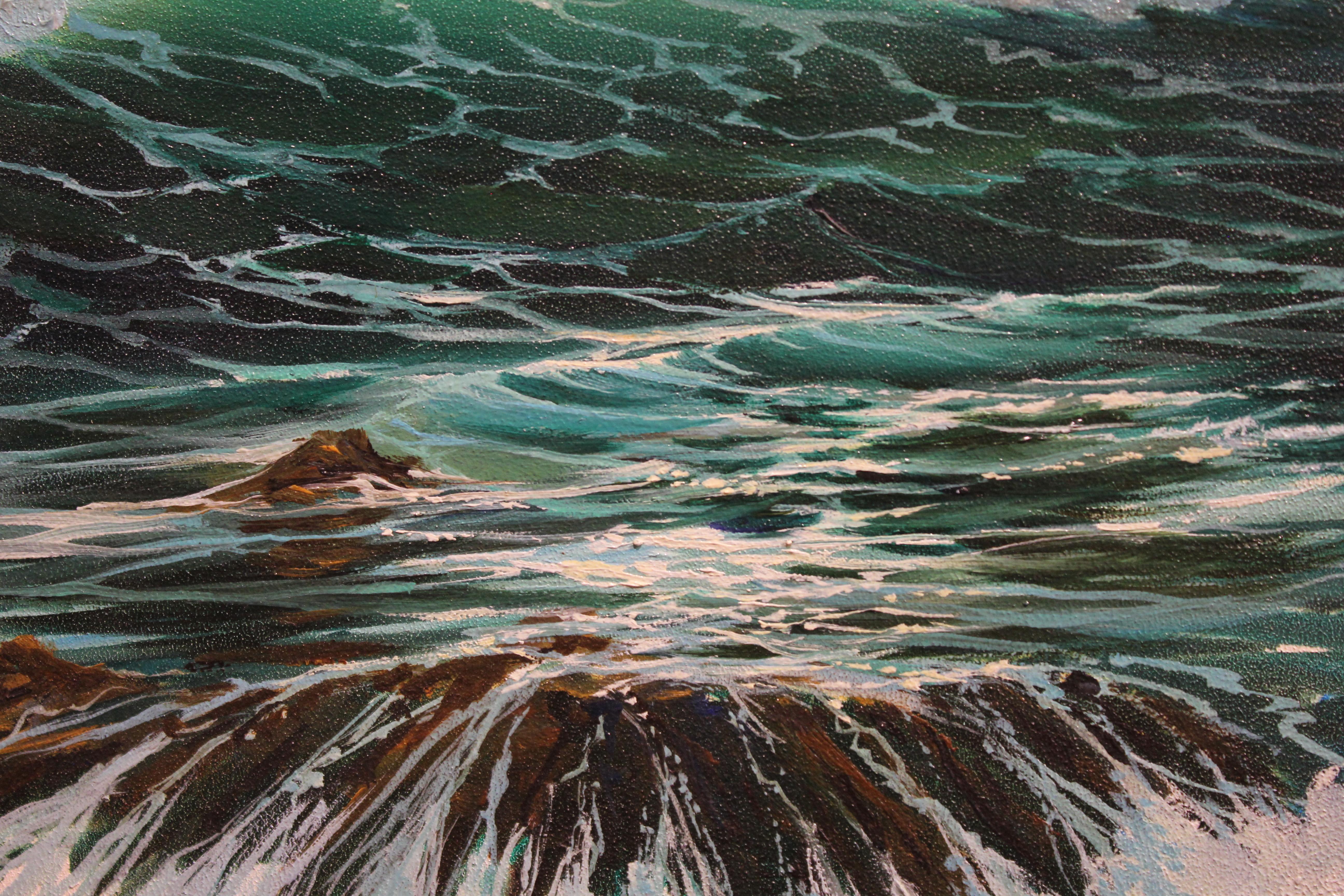 Stormy Seascape with Seagull Flying and Crashing Waves - Naturalistic Painting by Richard Weers
