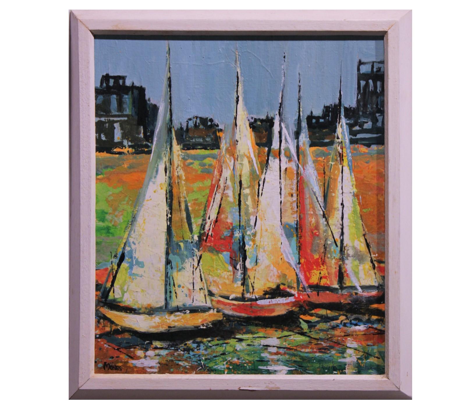 Gladys Moses Landscape Painting - Colorful Sea Boats in an Impressionist Style