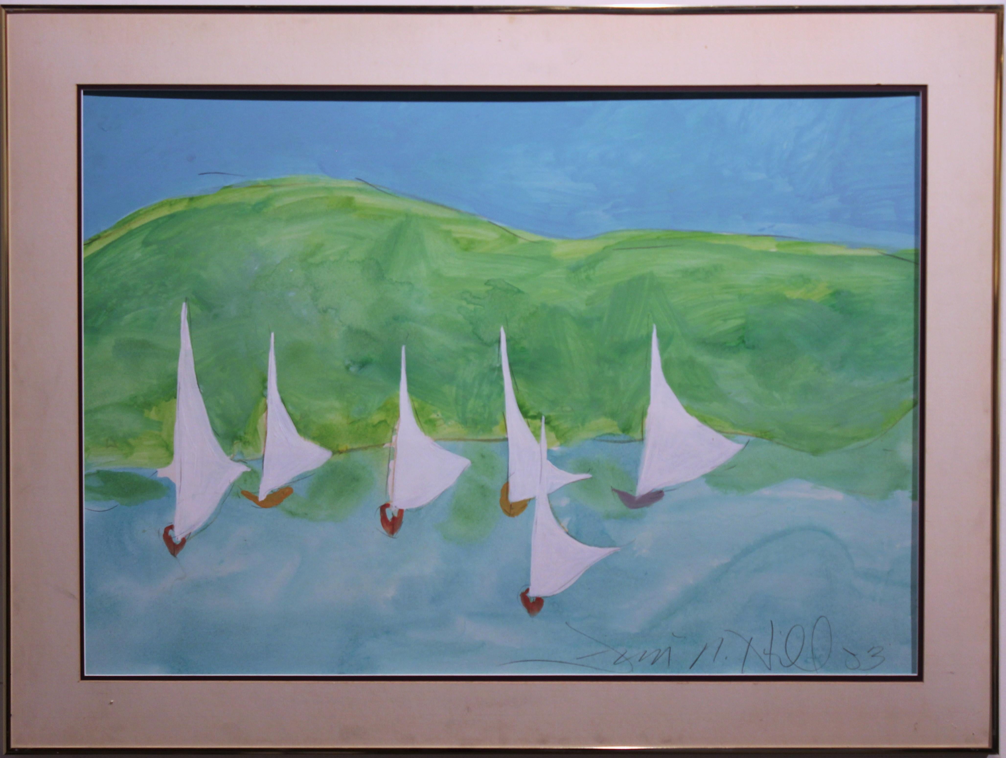 Jim Hill Abstract Painting - Impressionist Ocean Scene with Sail Boats.