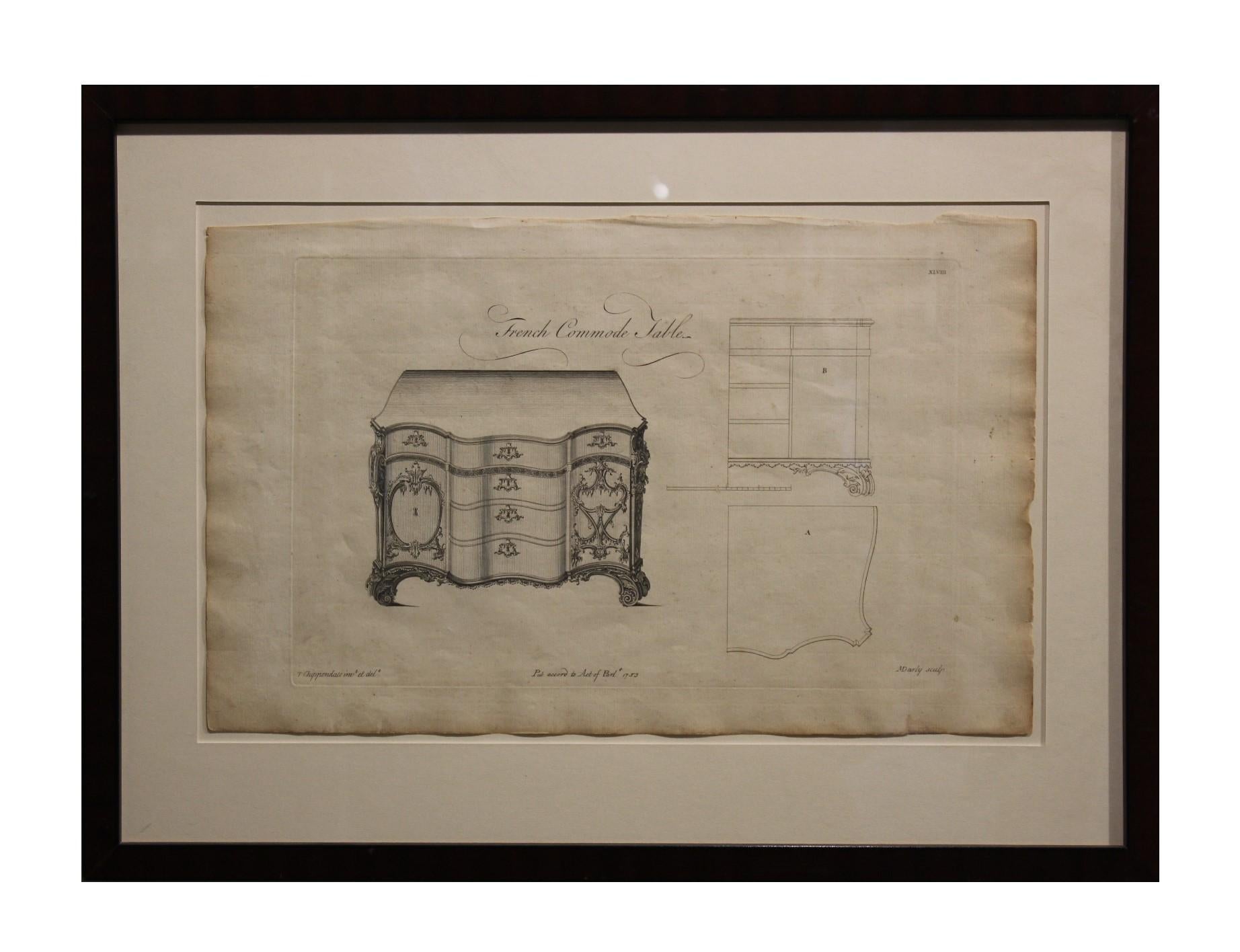 Thomas Chippendale Interior Print - French Commode Table Etching From "The Gentleman and Cabinet-Maker's Director"
