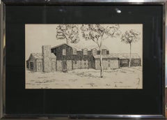 Vintage Ink Drawing of a Farm House by Houston Artist