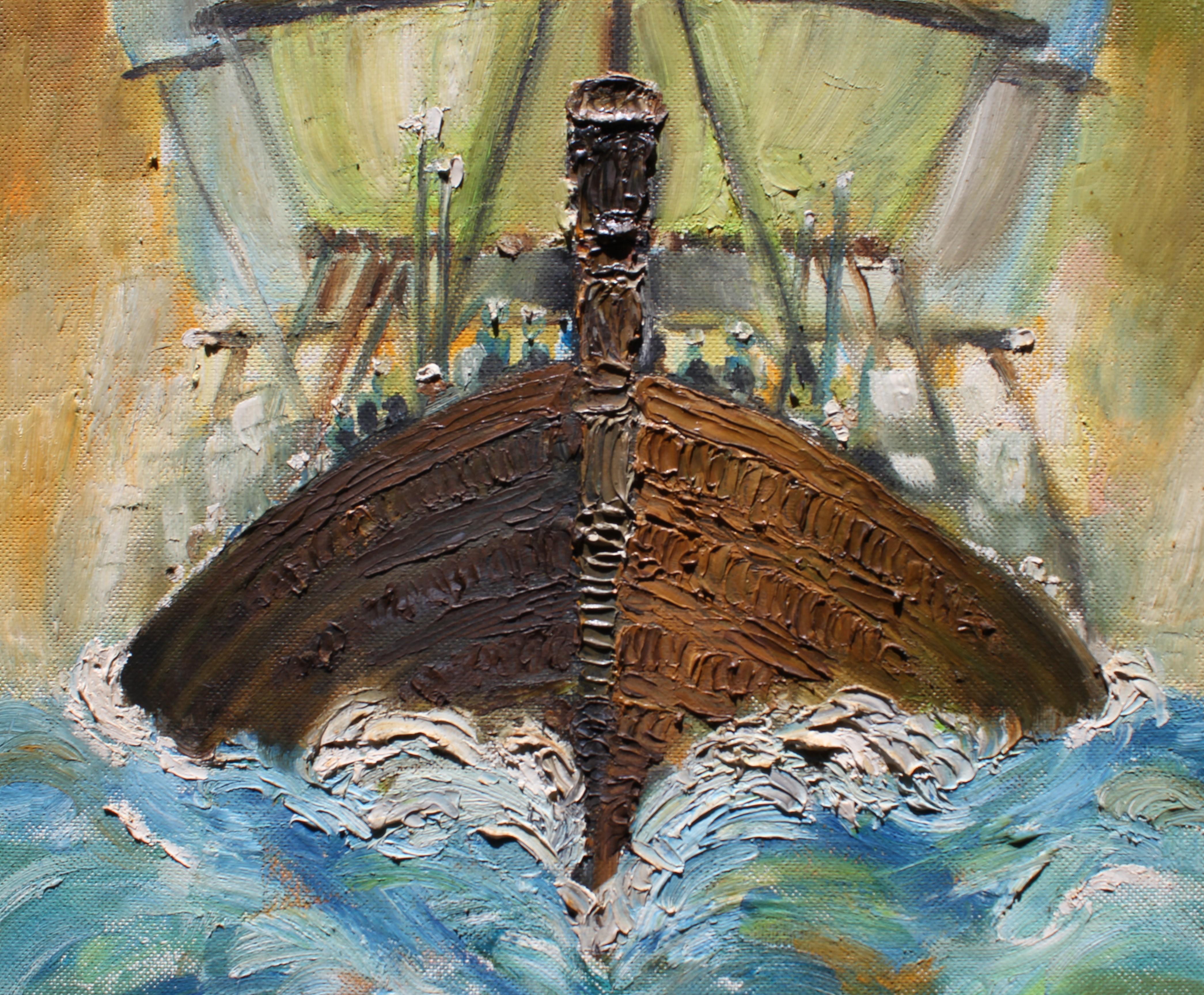 Colorful textured impressionist painting of a ship out at sea. The painting has a unique perspective of a ship giving it an ominous view point. The painting is framed in a gold frame. It is signed, dated, and titled by the artist. Paul Sprohge is a