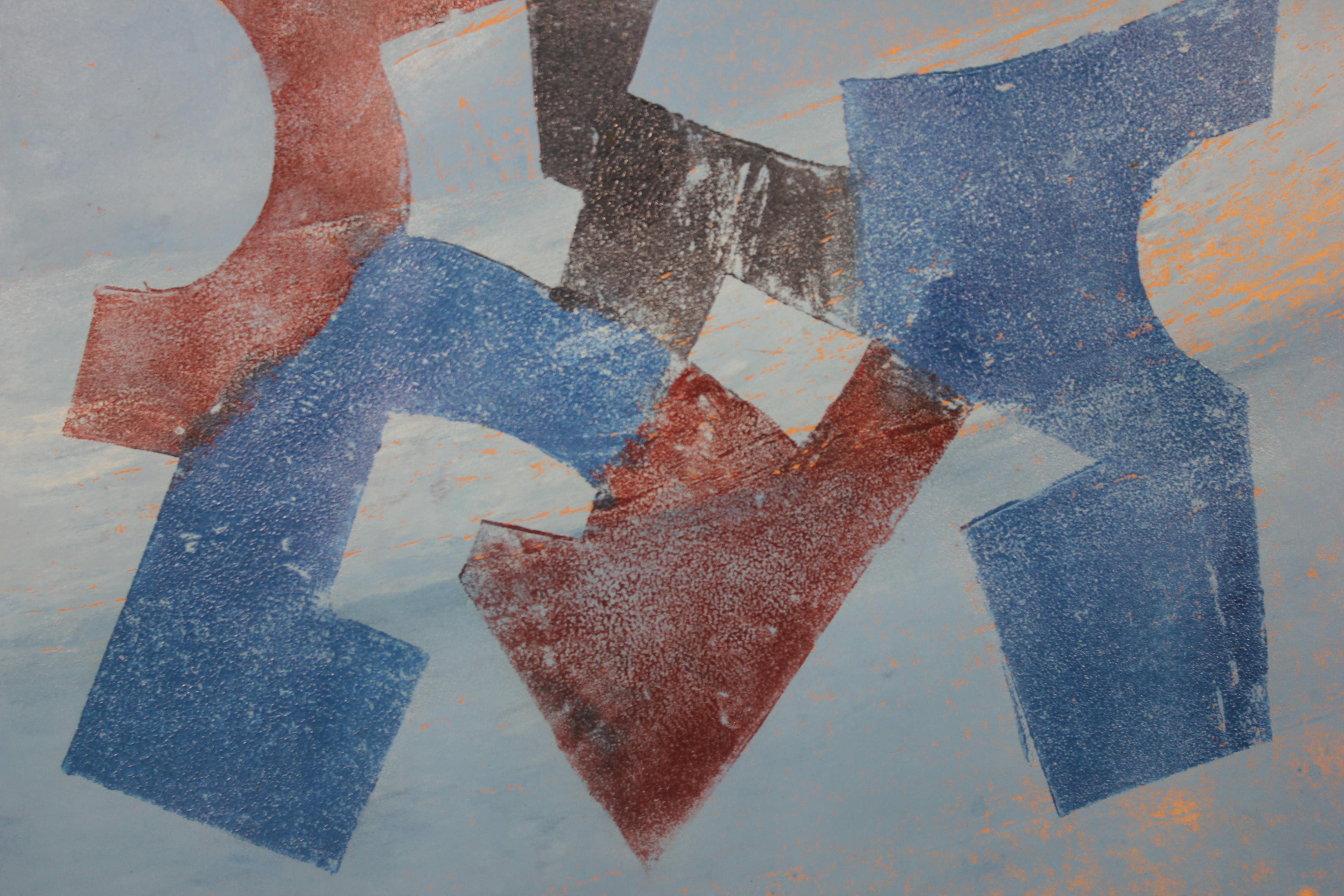 Blue tonal abstract geometric print with red hints. The work is framed in a white frame with a brown matte. It is signed, dated, and titled by the artist. Paul Sprohge is a Houston, Texas artist that specialized in painting impressionist landscapes