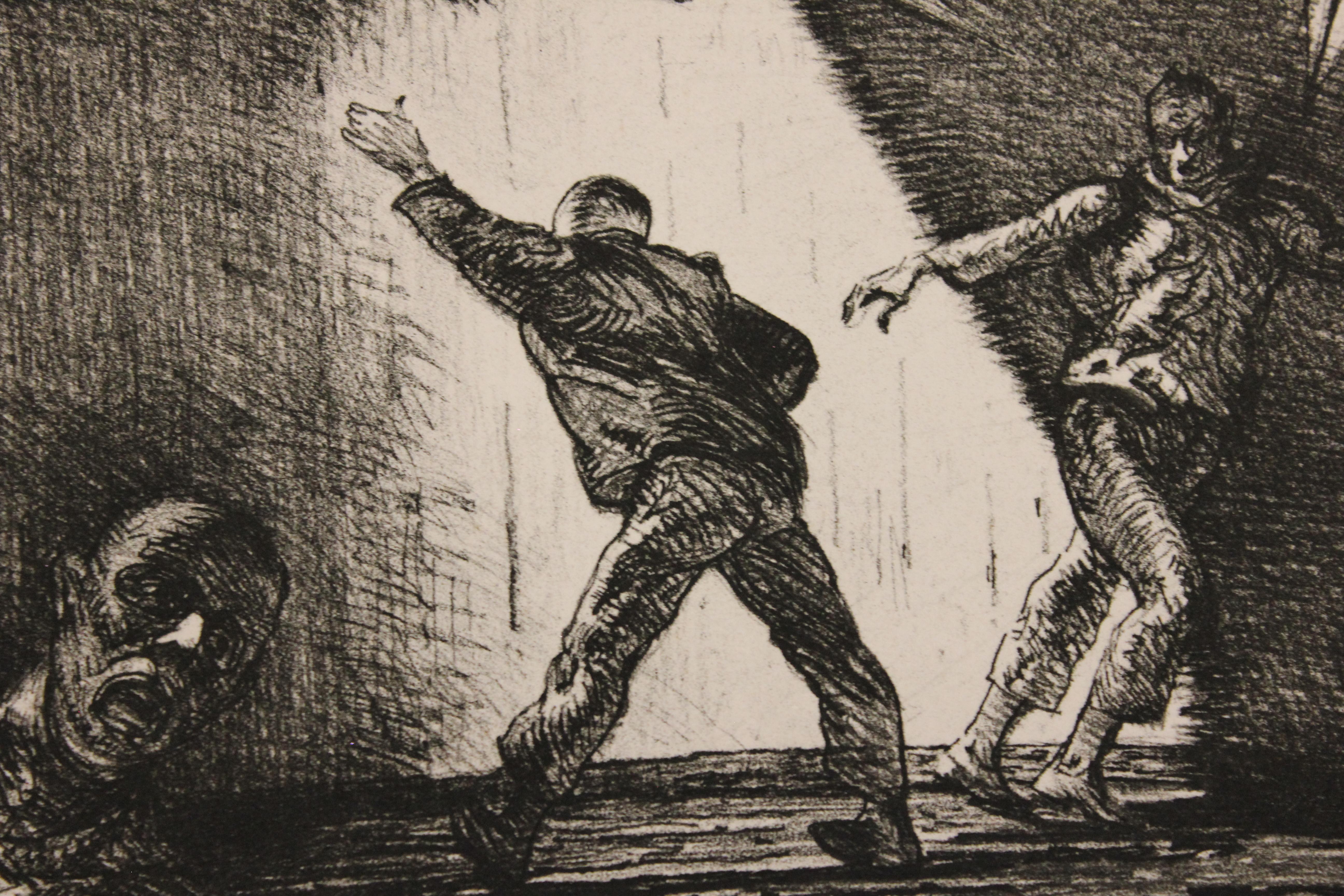 „Four Terrorist Trapped in a Bullring“, Auflage 2 von 20 Stück (Beige), Figurative Print, von Robert Levers