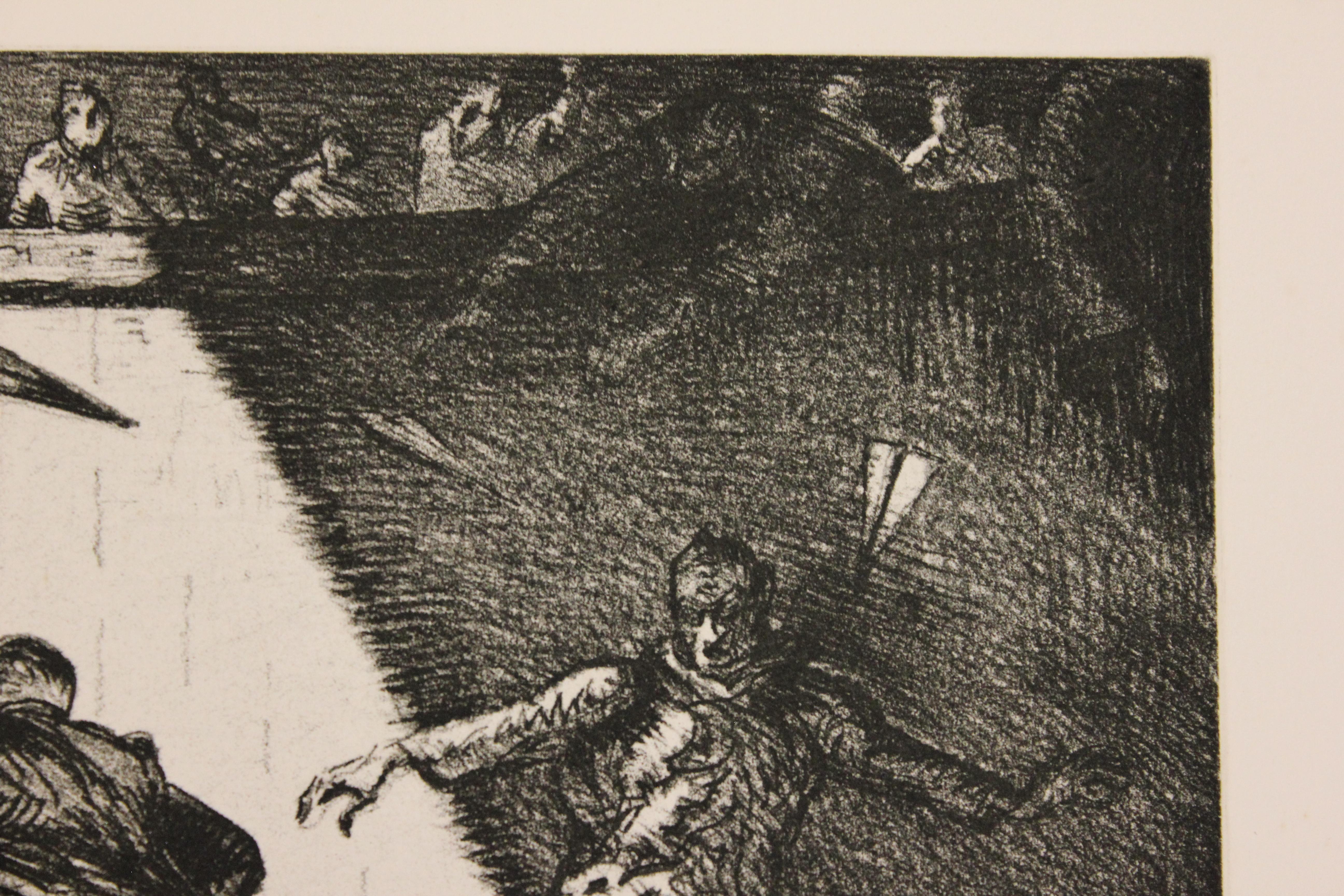 Surrealist abstract print of four figures that are in a bullring with other onlookers. In the image, there are paper airplanes flying around the scene. The first two terrorists are in the center of the scene and the other two are off in the corner