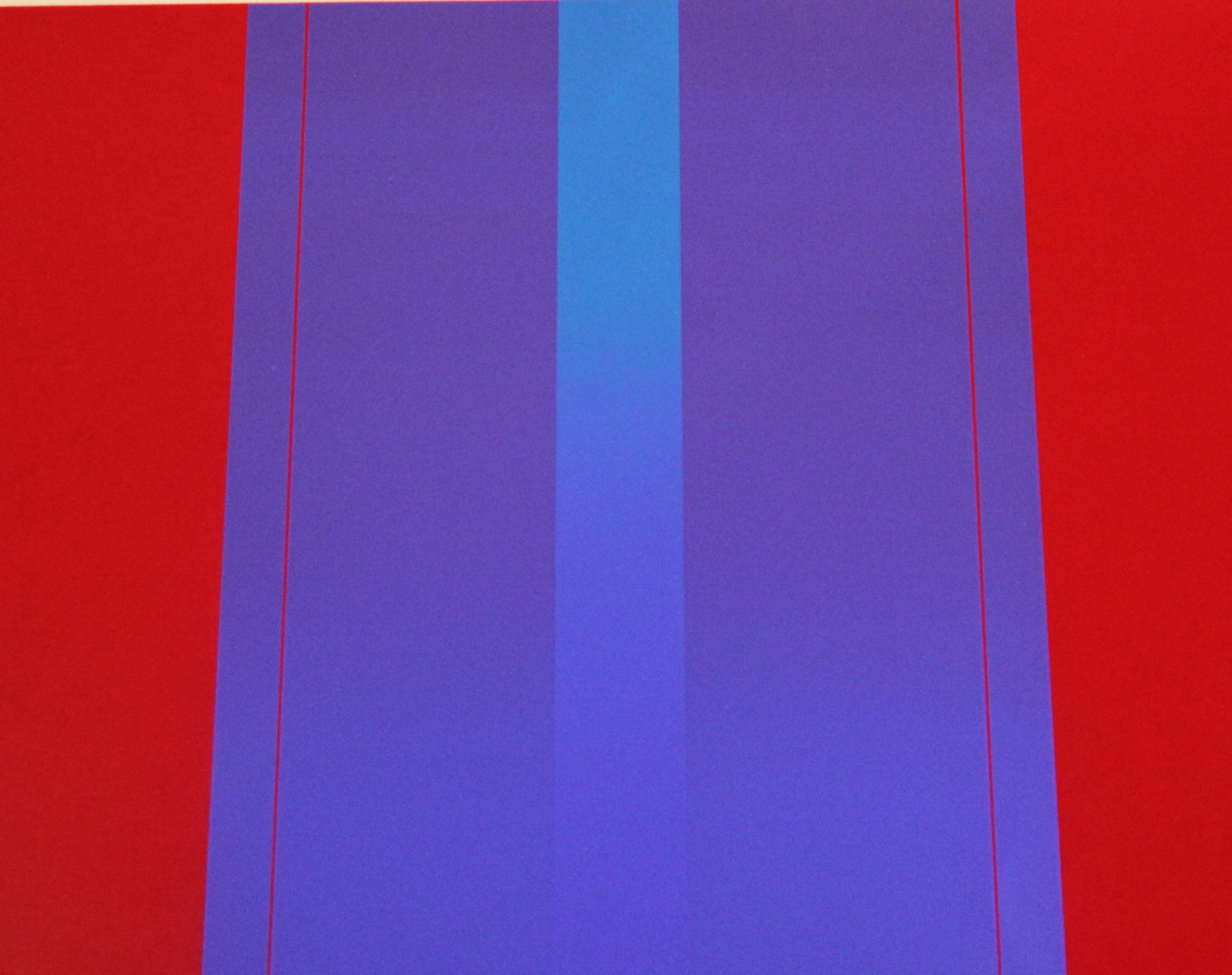 Red and blue linear print that is signed by Marianni. The work is similar to the style of famous artist Bernett Newman who painted strickly colorful paintings with a 