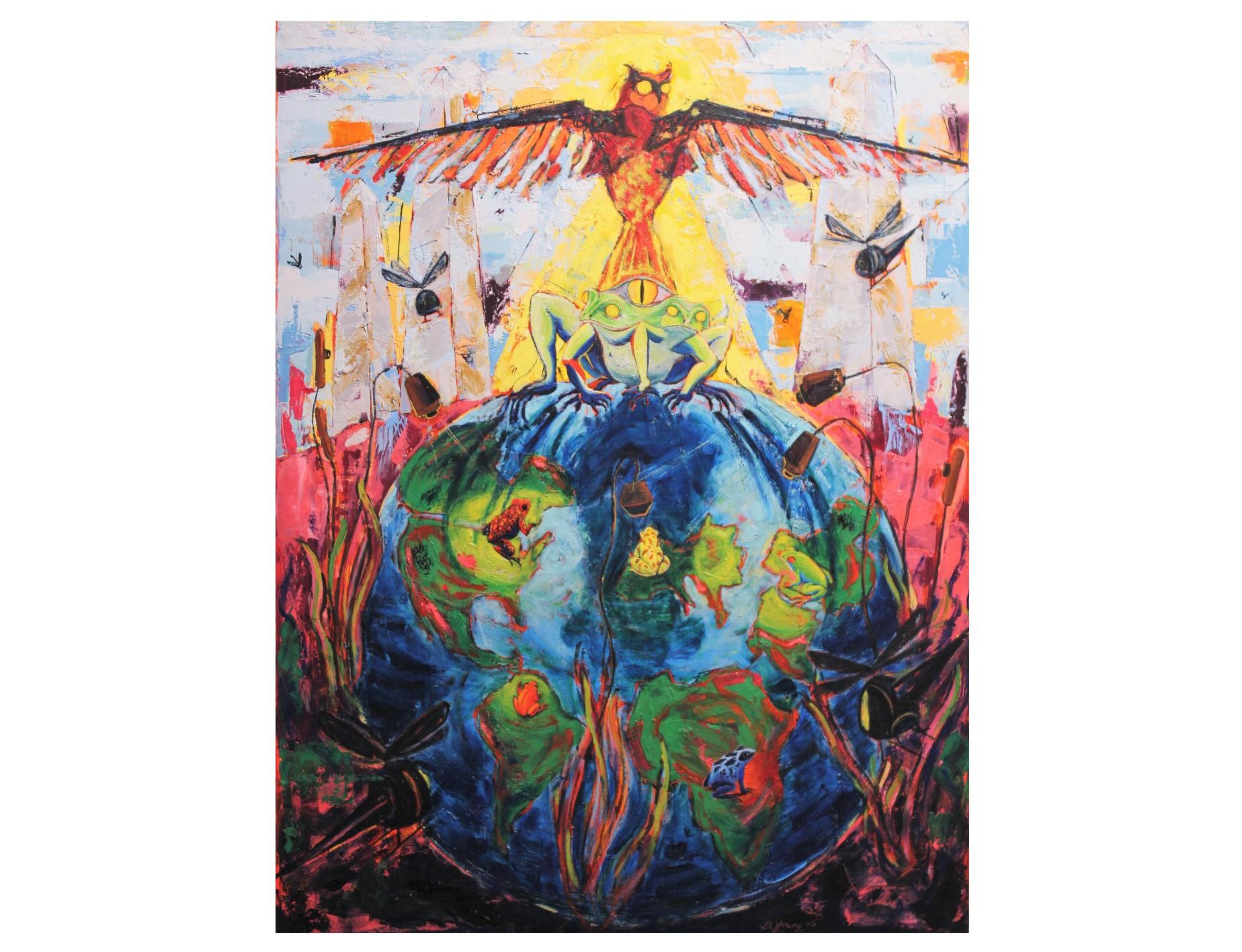 Bonnie Young Abstract Painting - "One World Pond" Surrealist Animal World Painting