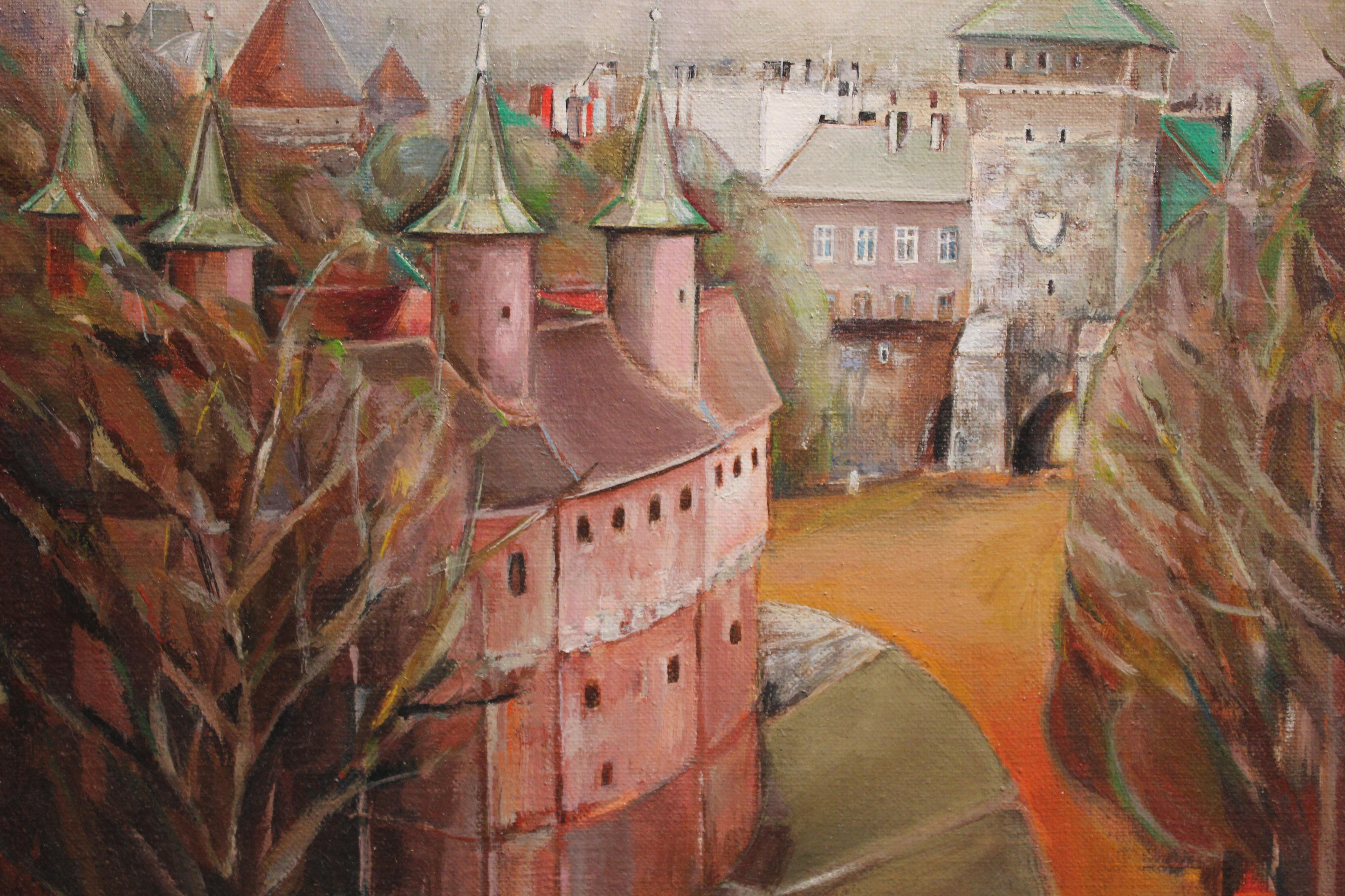 Naturalistic Fanciful Townscape - Brown Abstract Painting by Stanisława Kszetanowicz