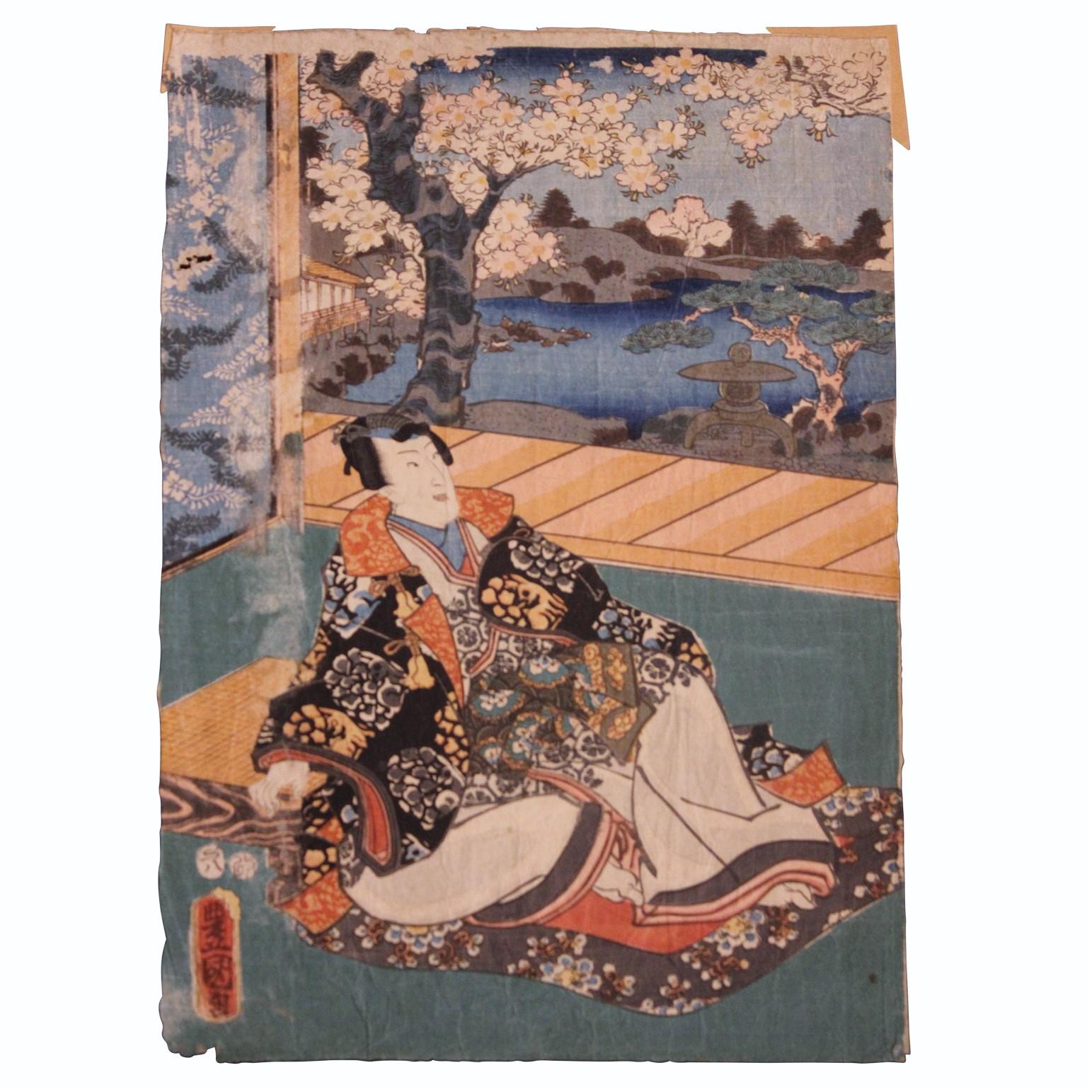 Utagawa Kunisada (Toyokuni III) Figurative Print - Seated Women with Cherry Tree Japanese Woodblock Print