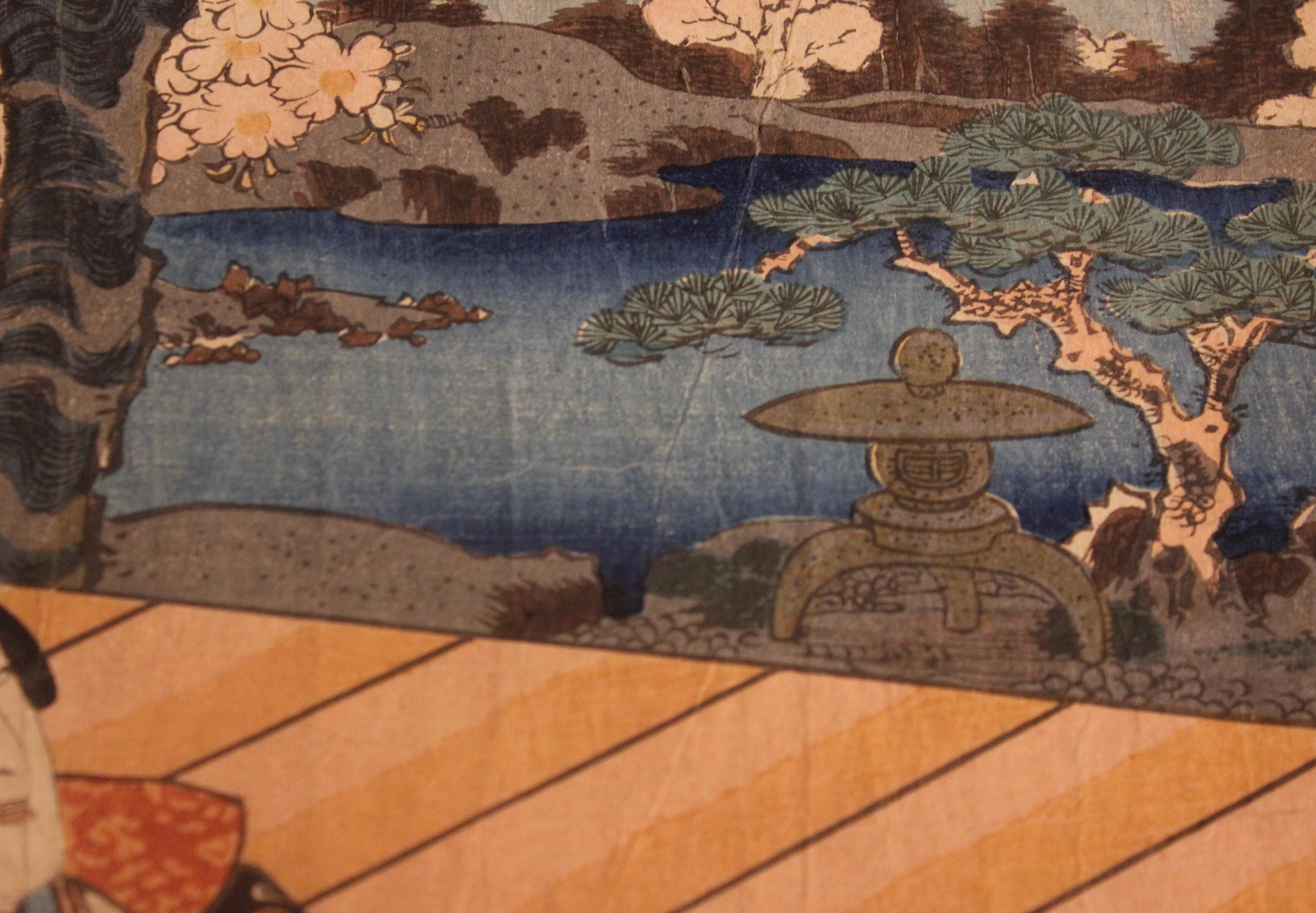 Seated Women with Cherry Tree Japanese Woodblock Print - Brown Figurative Print by Utagawa Kunisada (Toyokuni III)