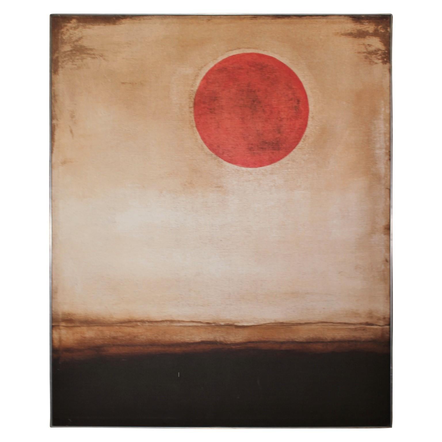 Ladis Pietros Abstract Painting - Contemporary Minimal Earth Tonal Landscape with a Red Sun or Moon