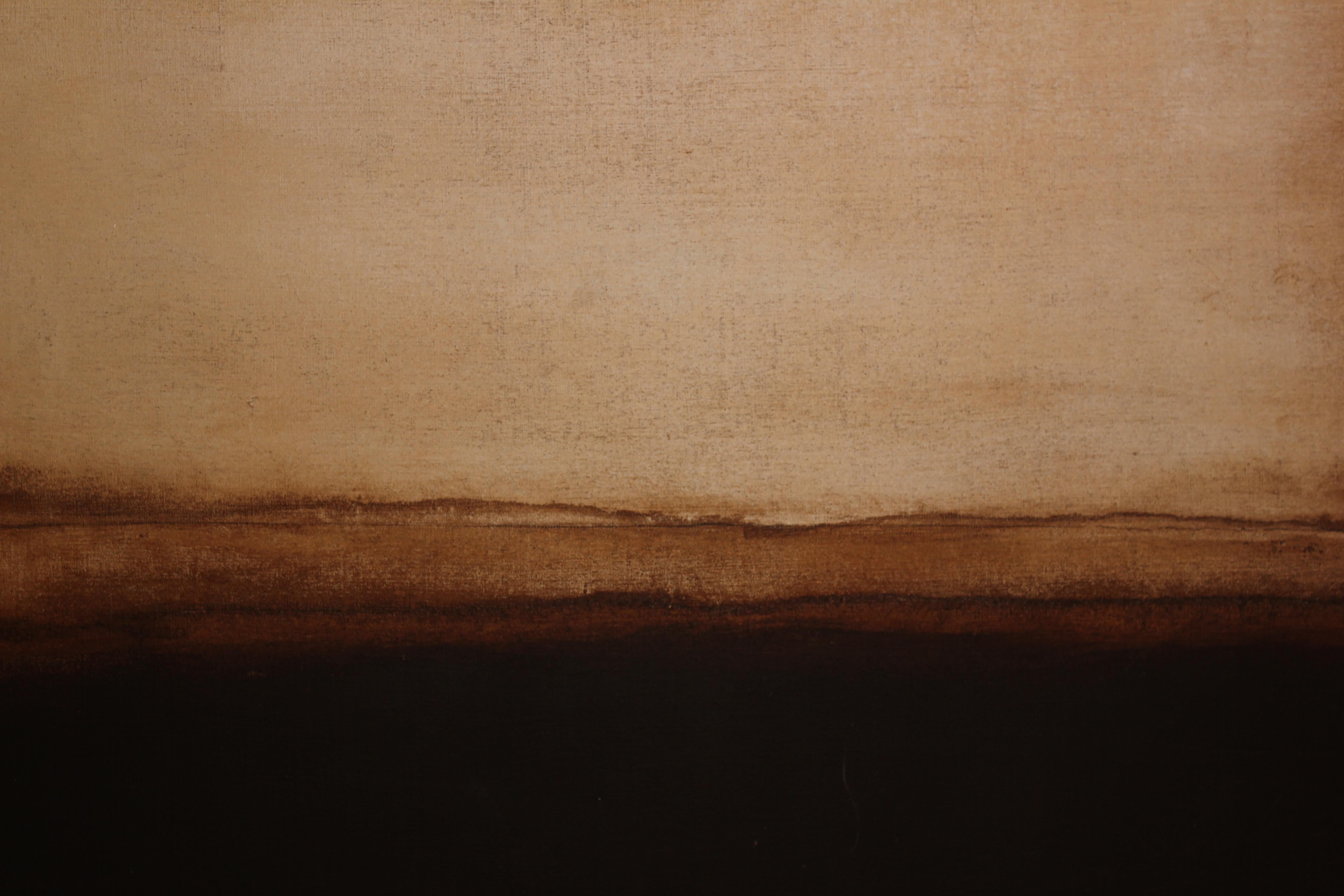 Contemporary Minimal Earth Tonal Landscape with a Red Sun or Moon - Painting by Ladis Pietros