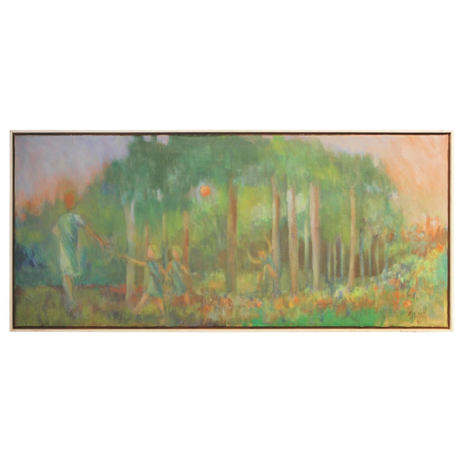 Bruce Monical Abstract Painting - Pastel Impressionist Forest Landscape with Figures 