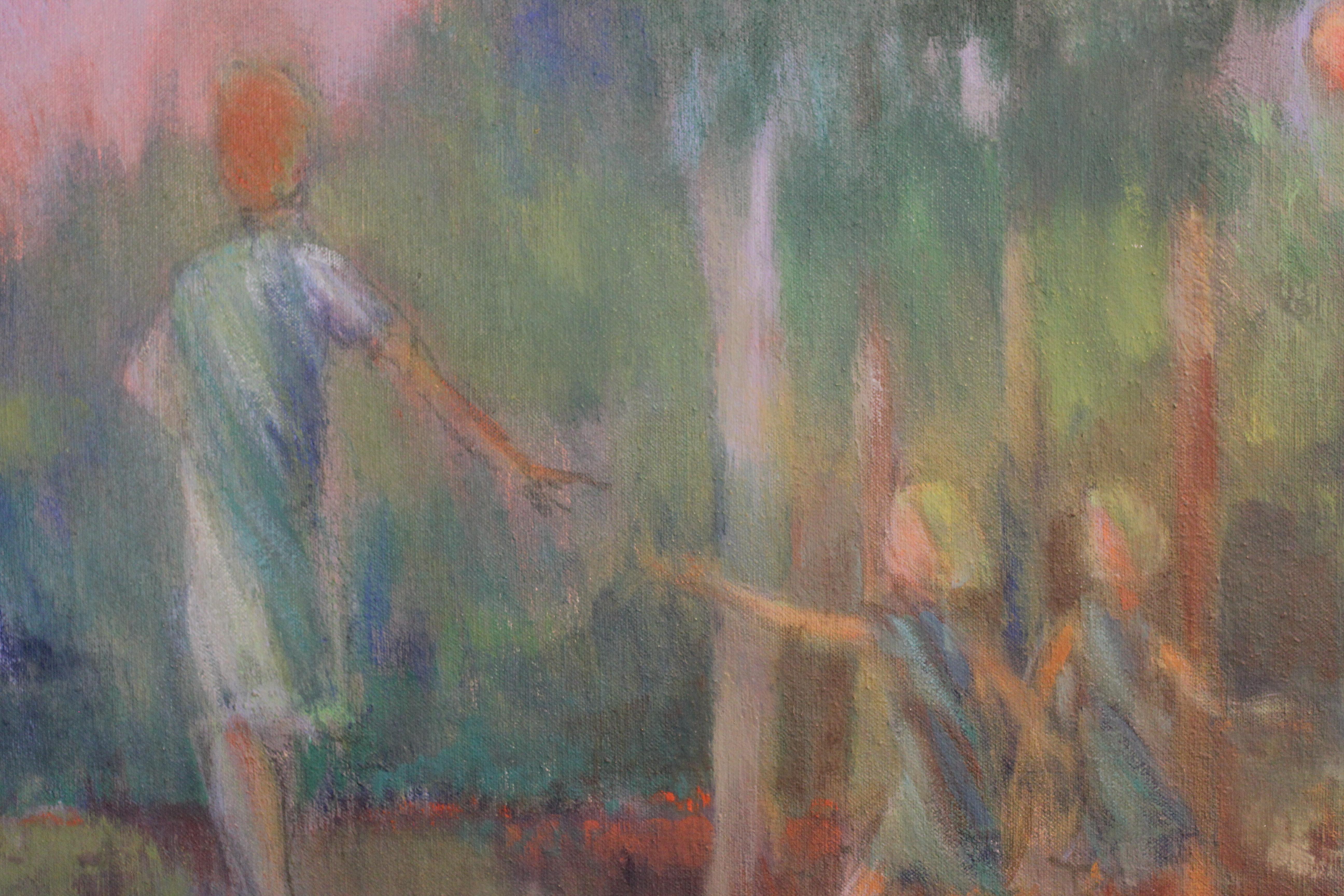 Pastel Impressionist Forest Landscape with Figures  - Painting by Bruce Monical