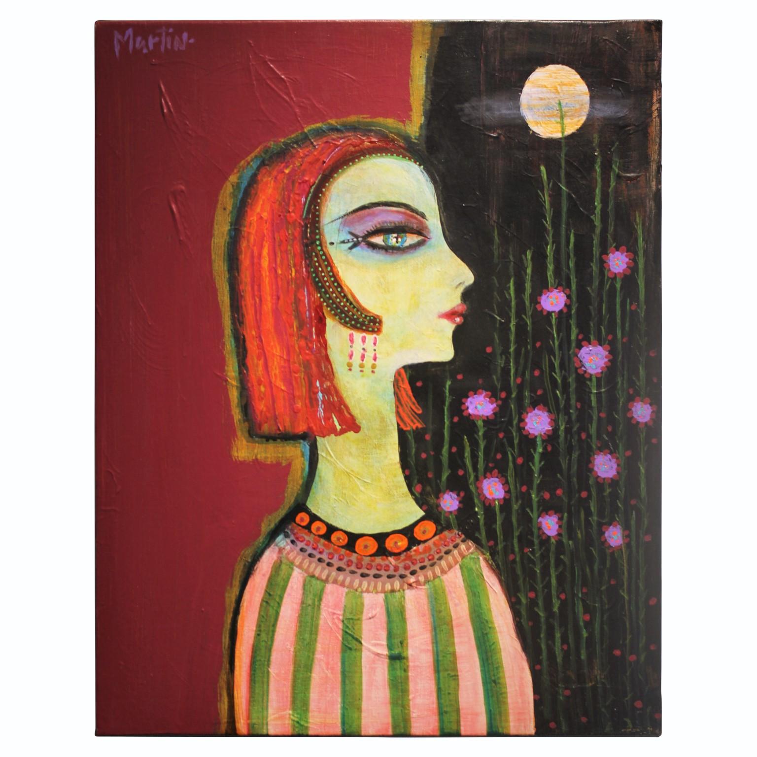 Larry Martin Portrait Painting - Abstract Side Profile Portrait of a Women with Flowers