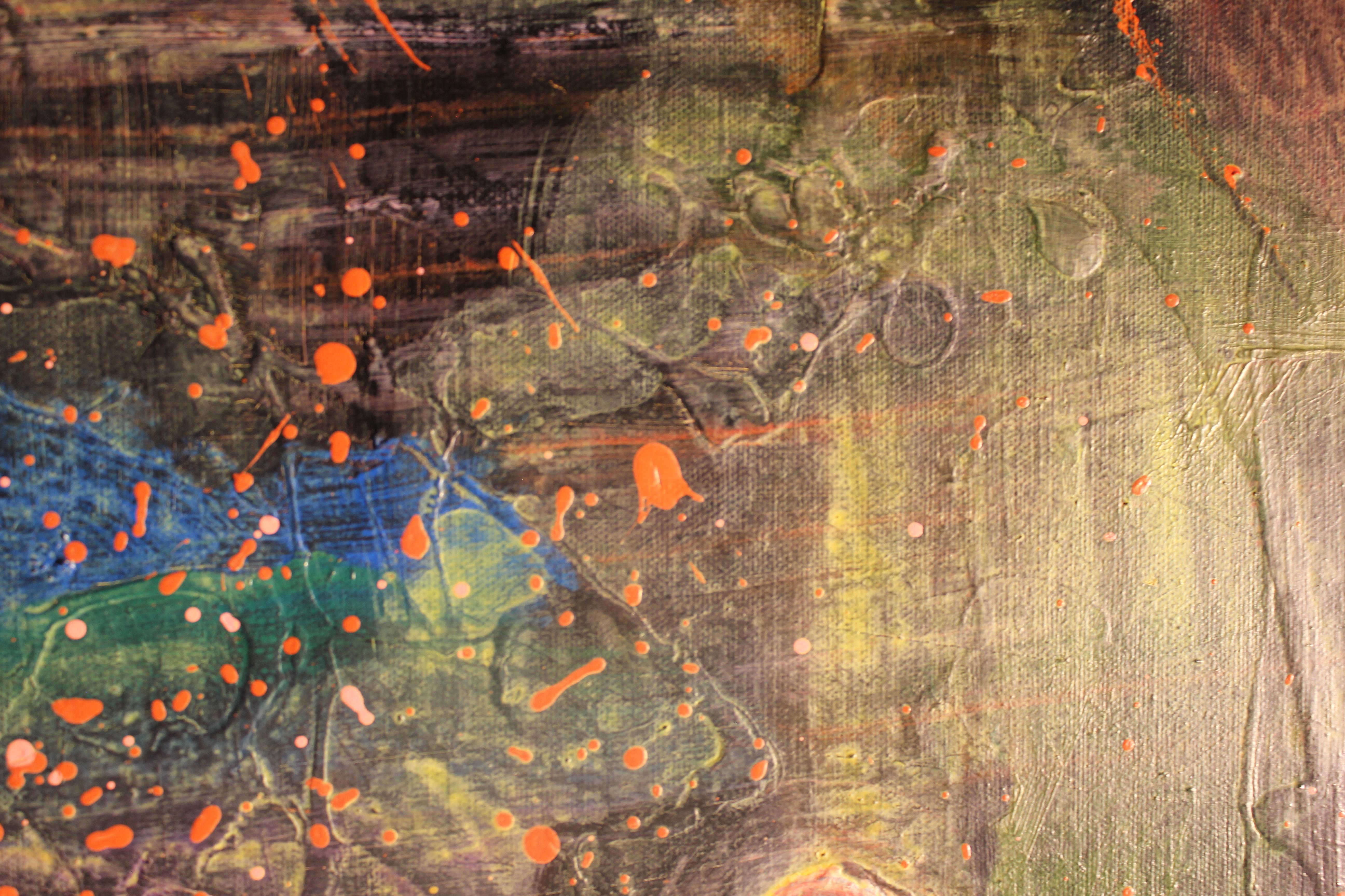Contemporary abstract expressionist painting with deep blues, greens, and pink splatters. The work is signed by artist Larry Martin who lives and works in Houston, Texas. The canvas is not framed.