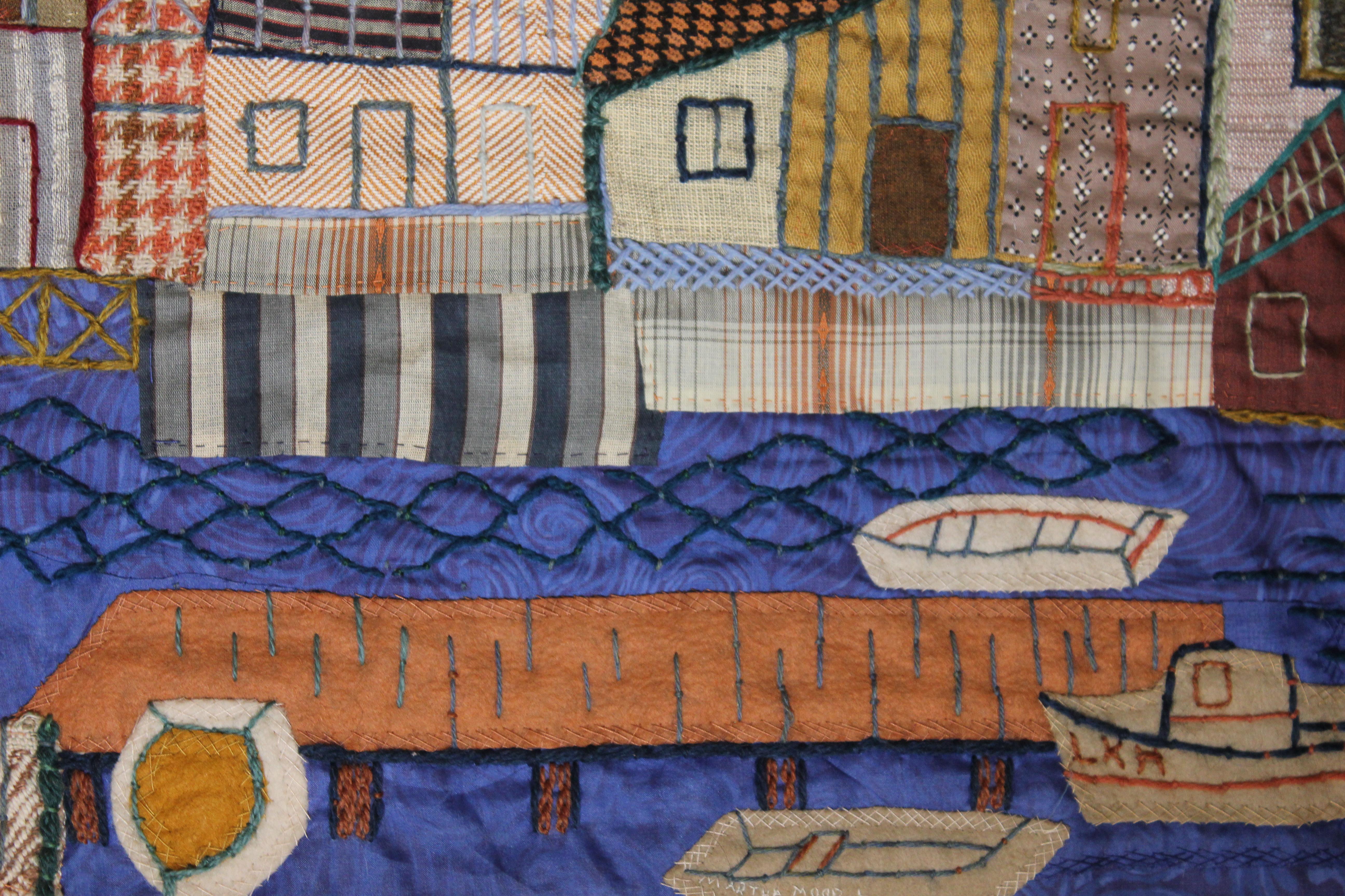 Tapestry of a town with a harbor full of boats. The tapestry is from Martha Mood's illustrated book. It is signed by her.
Tapestry is not framed.

Artist Biography: 
Martha Mood, artist, photographer, and teacher, was born in Oakland, California, on