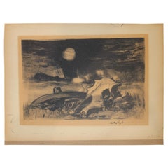 Vintage Western Landscape with Cow Skull Lithograph