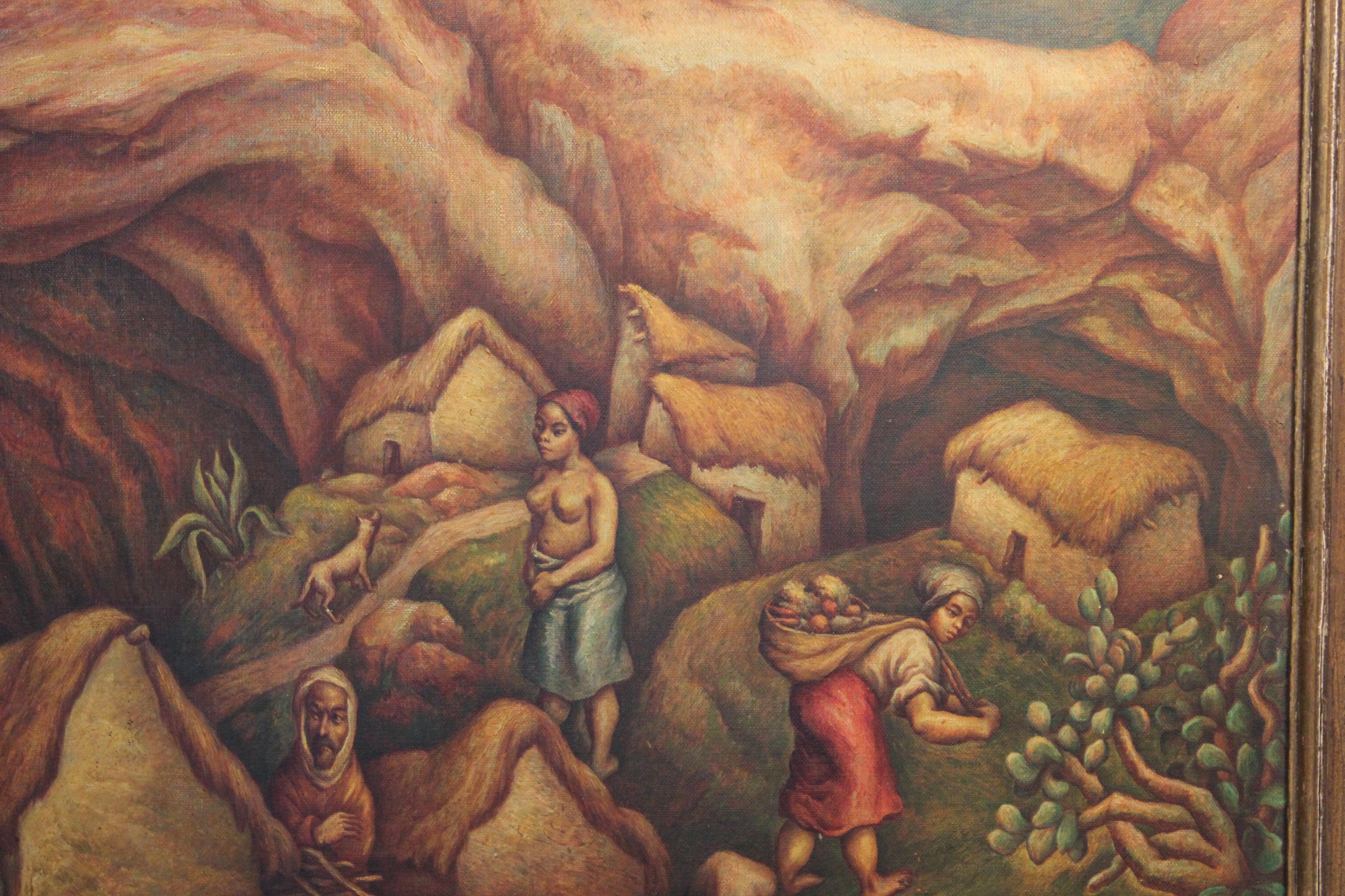 Figurative, warm tonal painting of people most likely of North African descent. The men are depicted completely clothed and sitting on the ground while the women are more exposed and gathering food. The scene also includes animals such as chickens