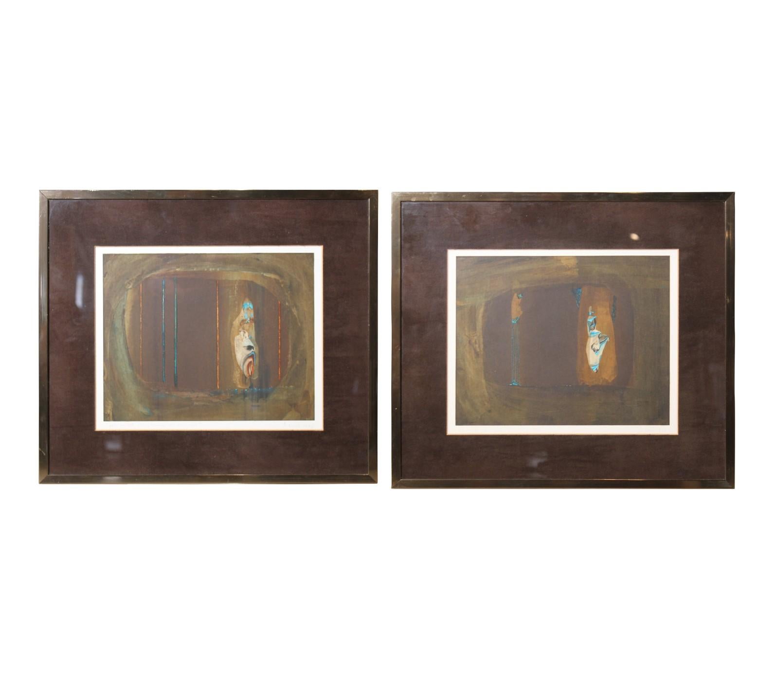 Pair of Contemporary Brown and Blue Serigraphs  - Print by Frances Nail