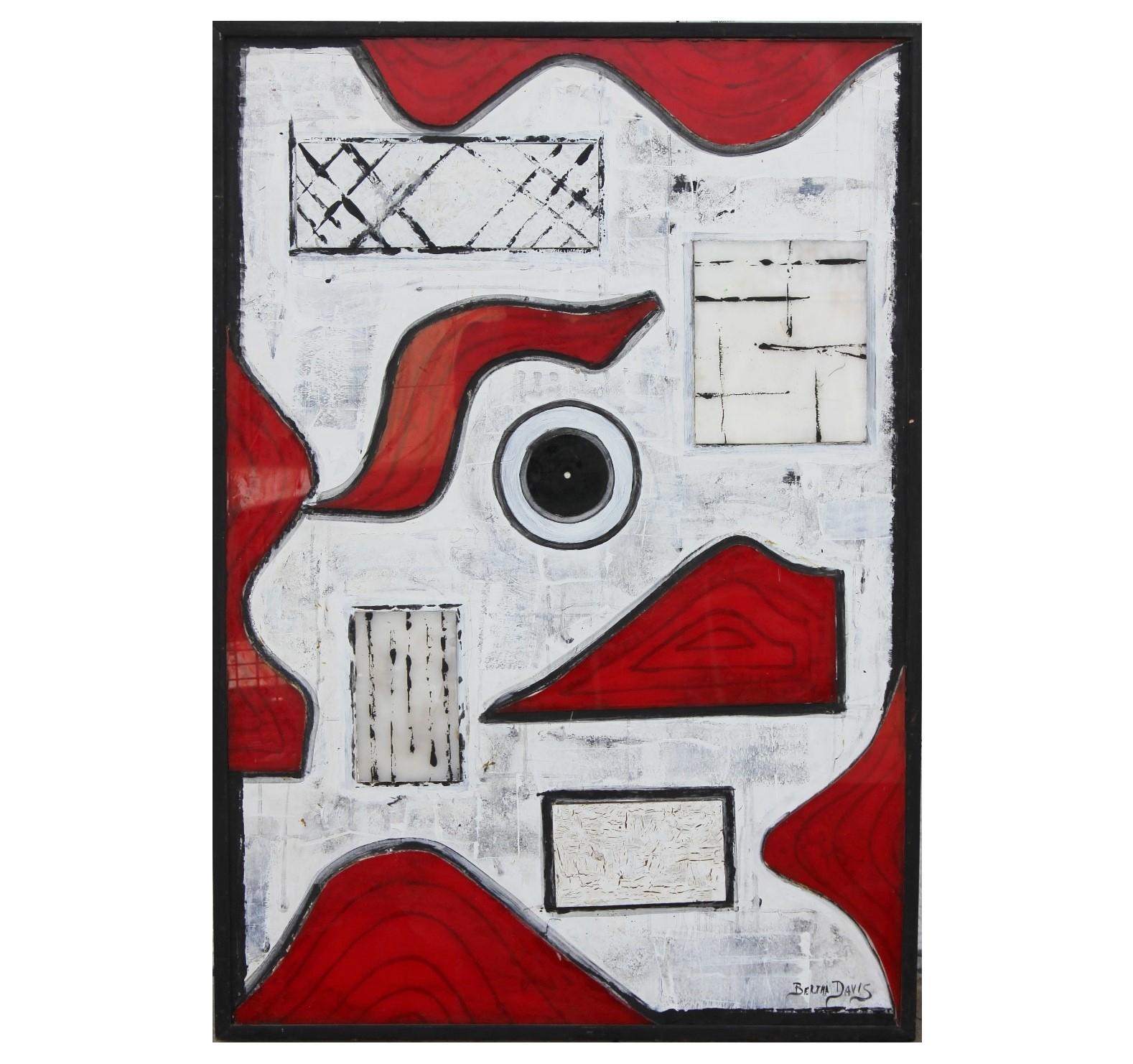 Bertha Davis Abstract Painting - Organic and Geometric Assemblage Painting with Red