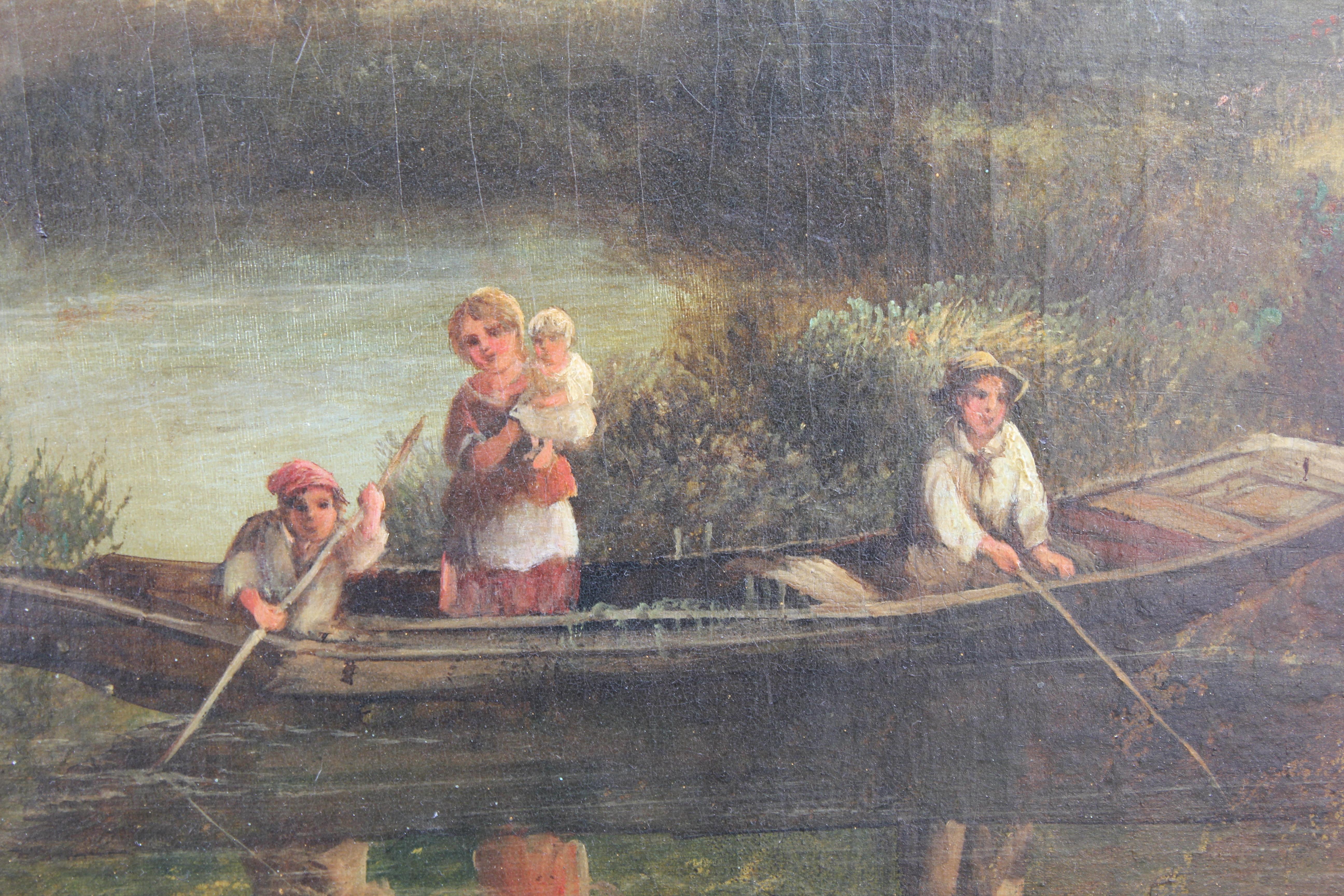 Paysage naturaliste avec des personnages sur un bateau - Painting de Unknown