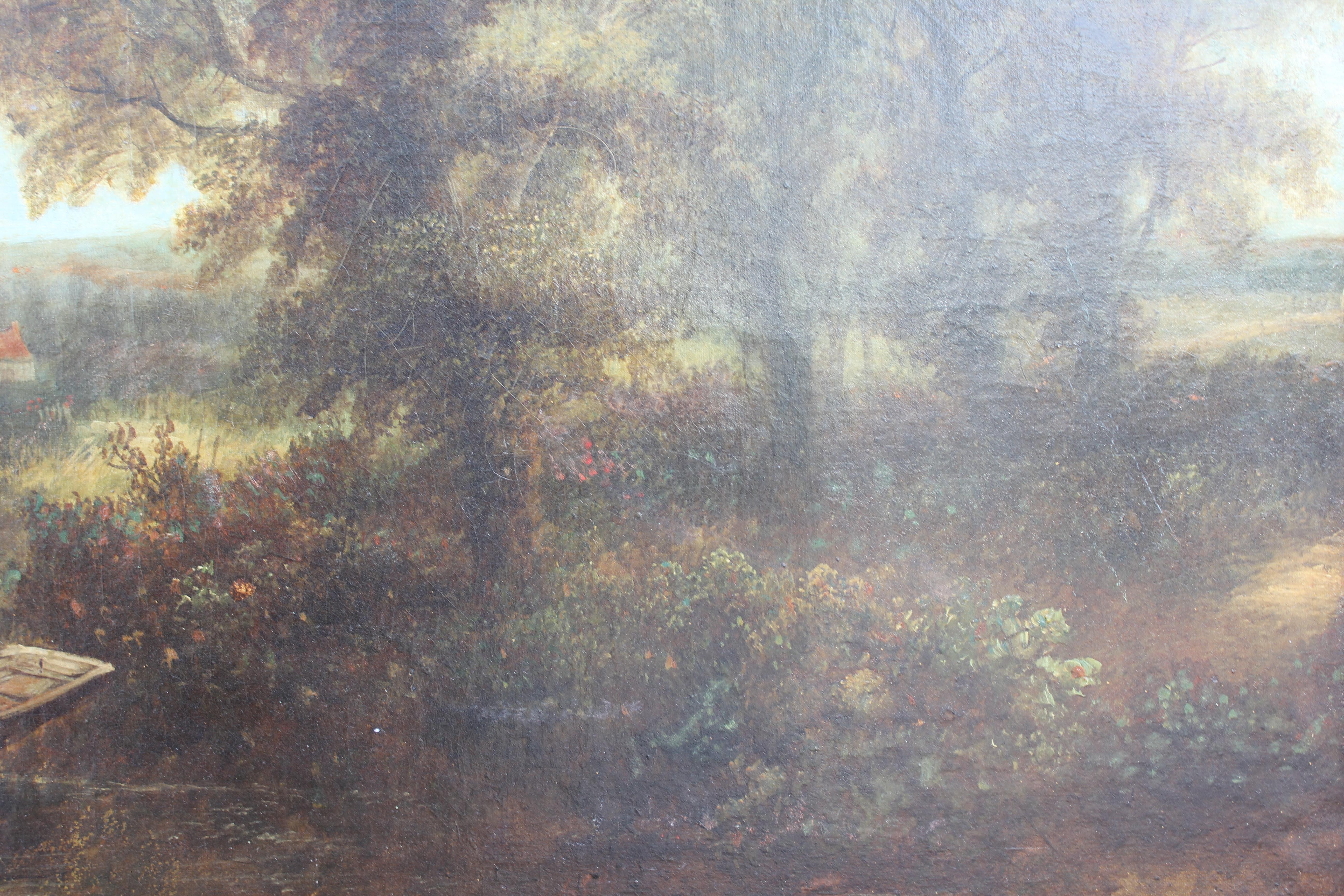 Peinture à l'huile représentant un paysage fluvial avec, au premier plan, des personnages dans une barque en train de ramer. L'œuvre est peinte sur carton. Il est encadré dans un cadre décoratif. 
Dimensions sans cadre : H 24 po x L 36 po.