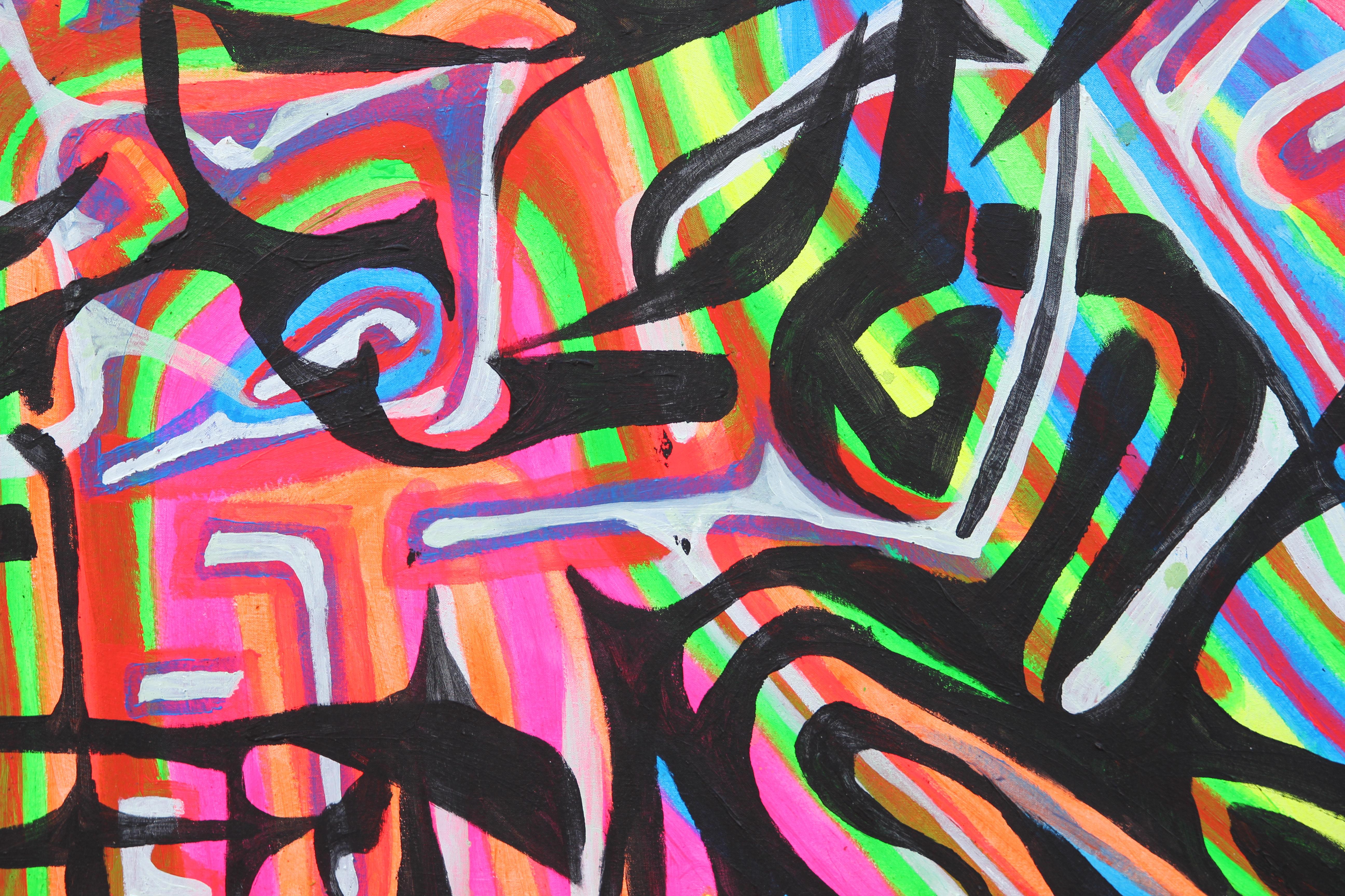 Large contemporary neon abstract calligraphy-style work by Michael Abromowitz. The work is signed by the artist. The canvas is framed in a light-toned floating wooden frame.
Dimensions without Frame: H 68 in x W 96 in x D 1.5 in.

Artist