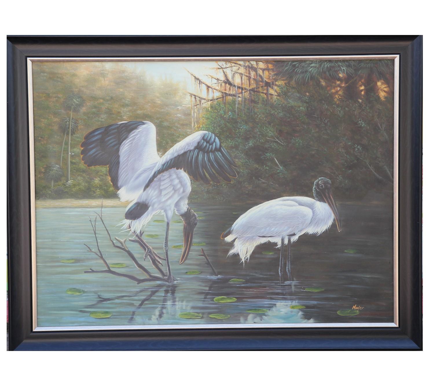 Mayer Animal Painting - Naturalistic Lake Landscape with Cranes 