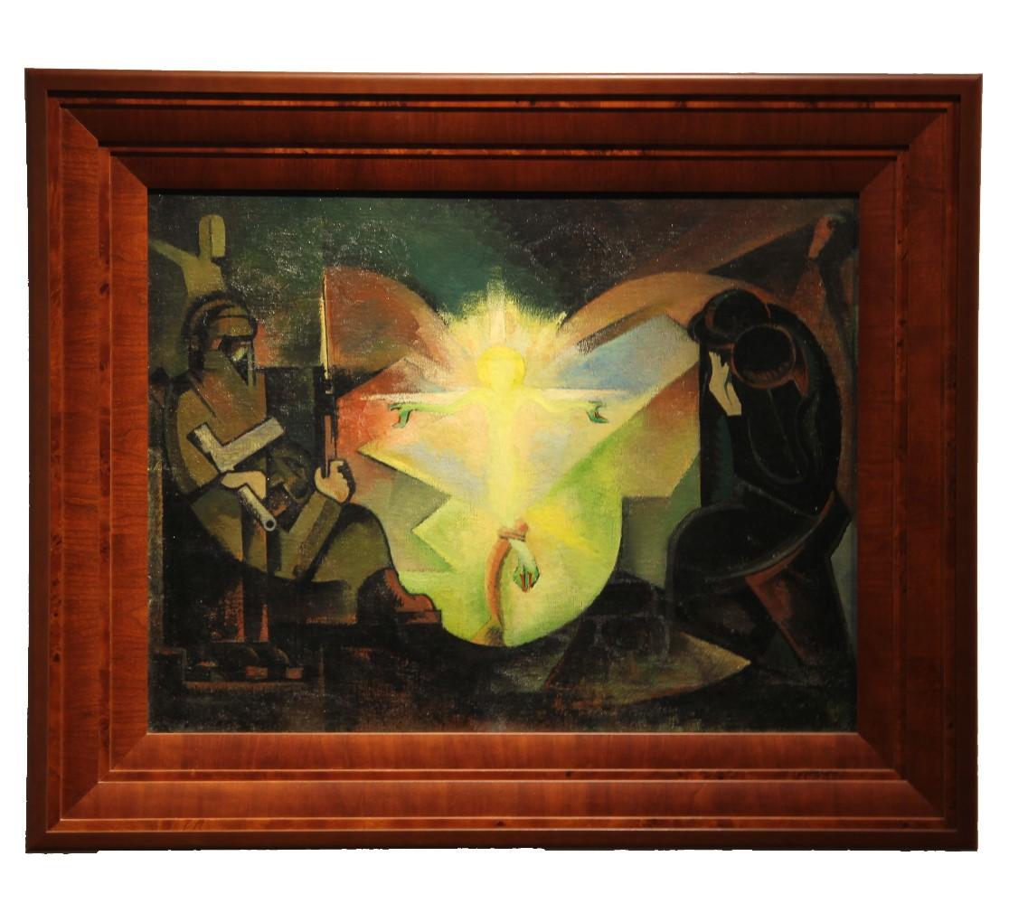 Marcel Boulin Abstract Painting – Kubistische Kreuzigungsszene mit leuchtendem Gelb