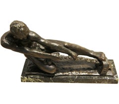 Antique Figurative Male Bronze Tugging on a Chain