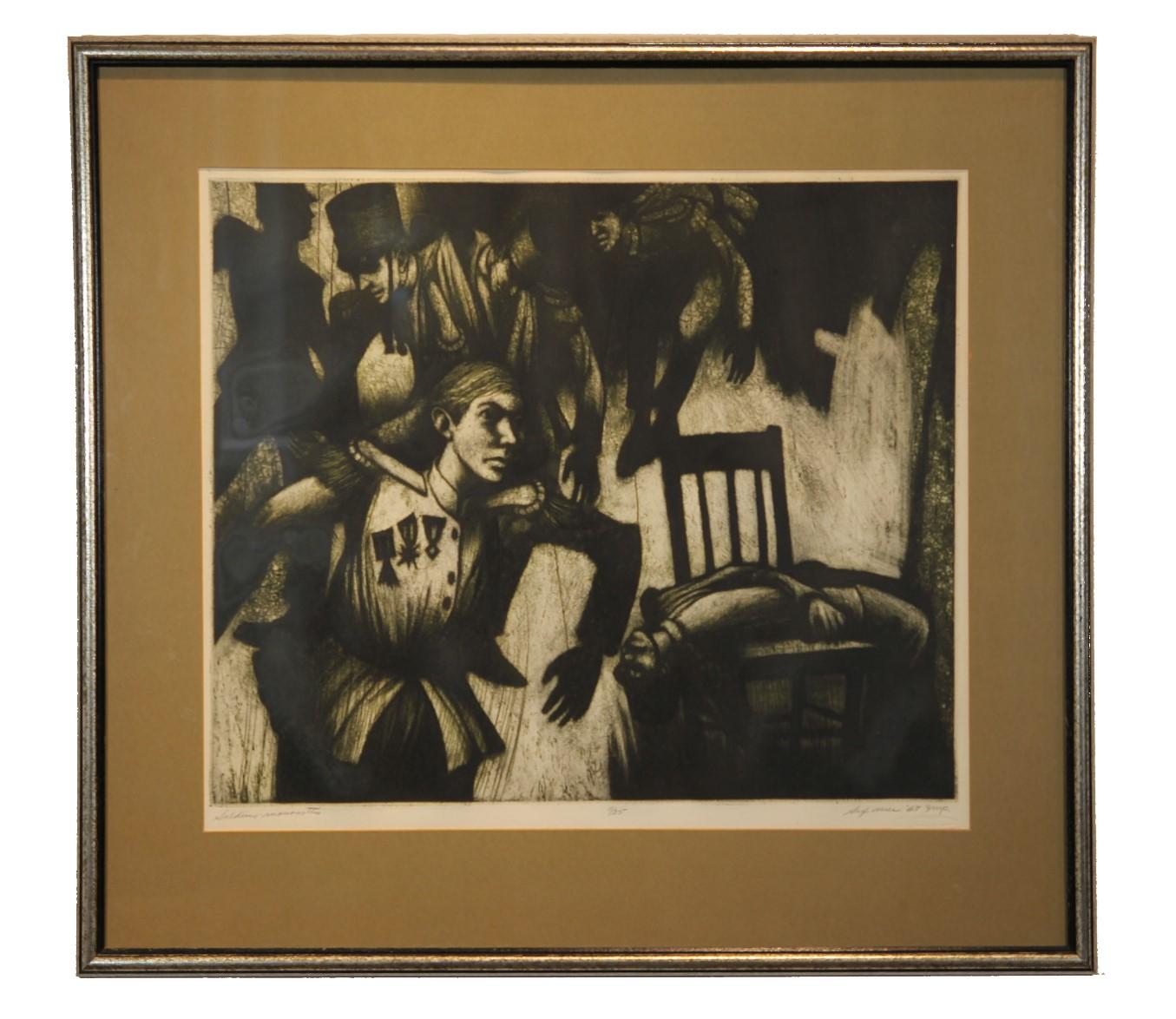 Donald Sexauer Abstract Print – Surrealistische figurative Lithographie „Soldaten Marionettes“