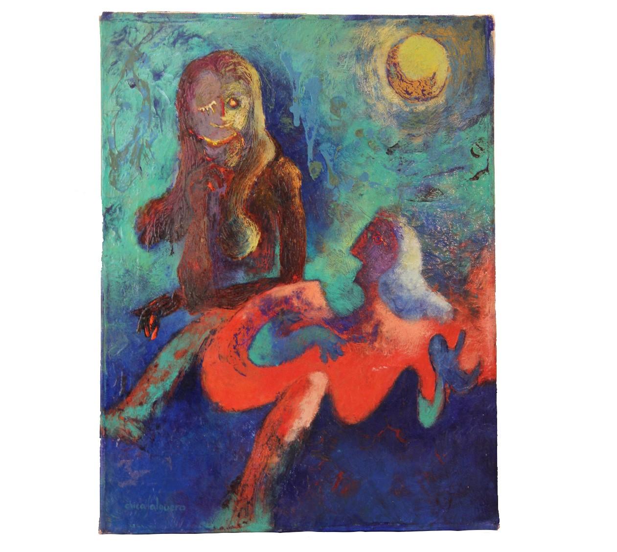 Chica Salguero Abstract Painting - "Serenata with Moon" Abstracrt Figurative Painting