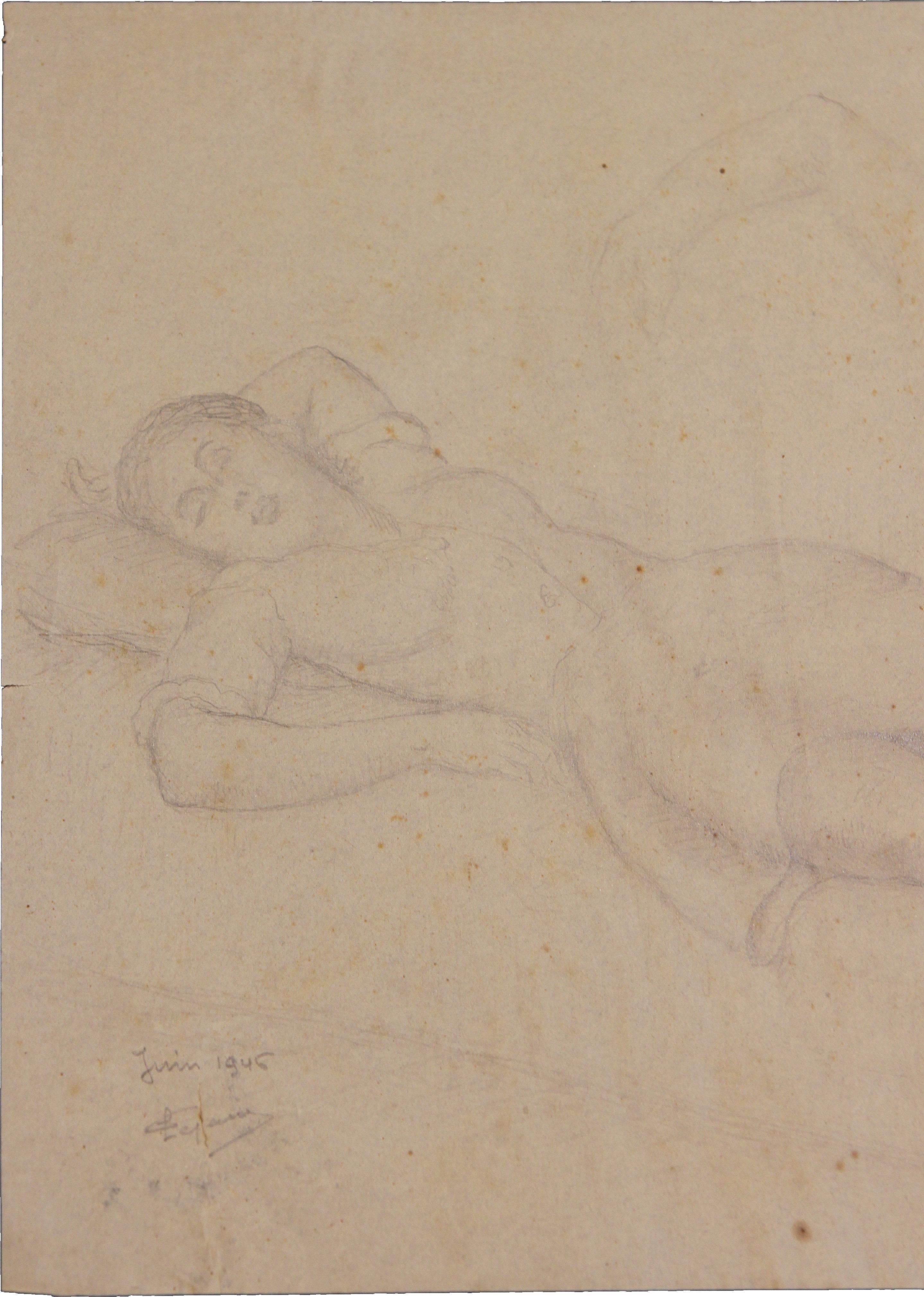 Pencil Study of a Reclining Woman - Art by Emile Lejeune