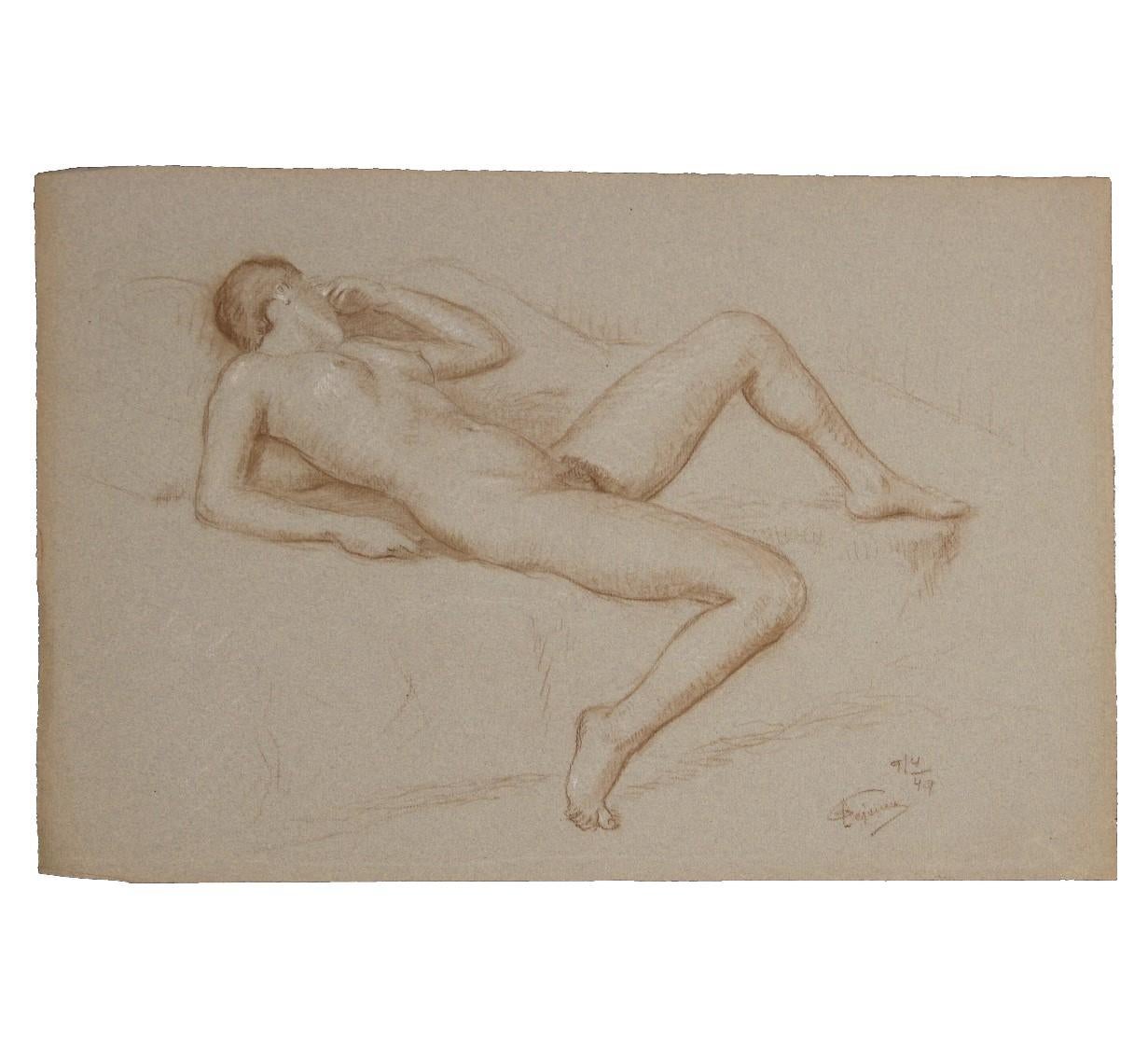Emile Lejeune Nude – Naturalistische Aktstudie auf Bett liegend