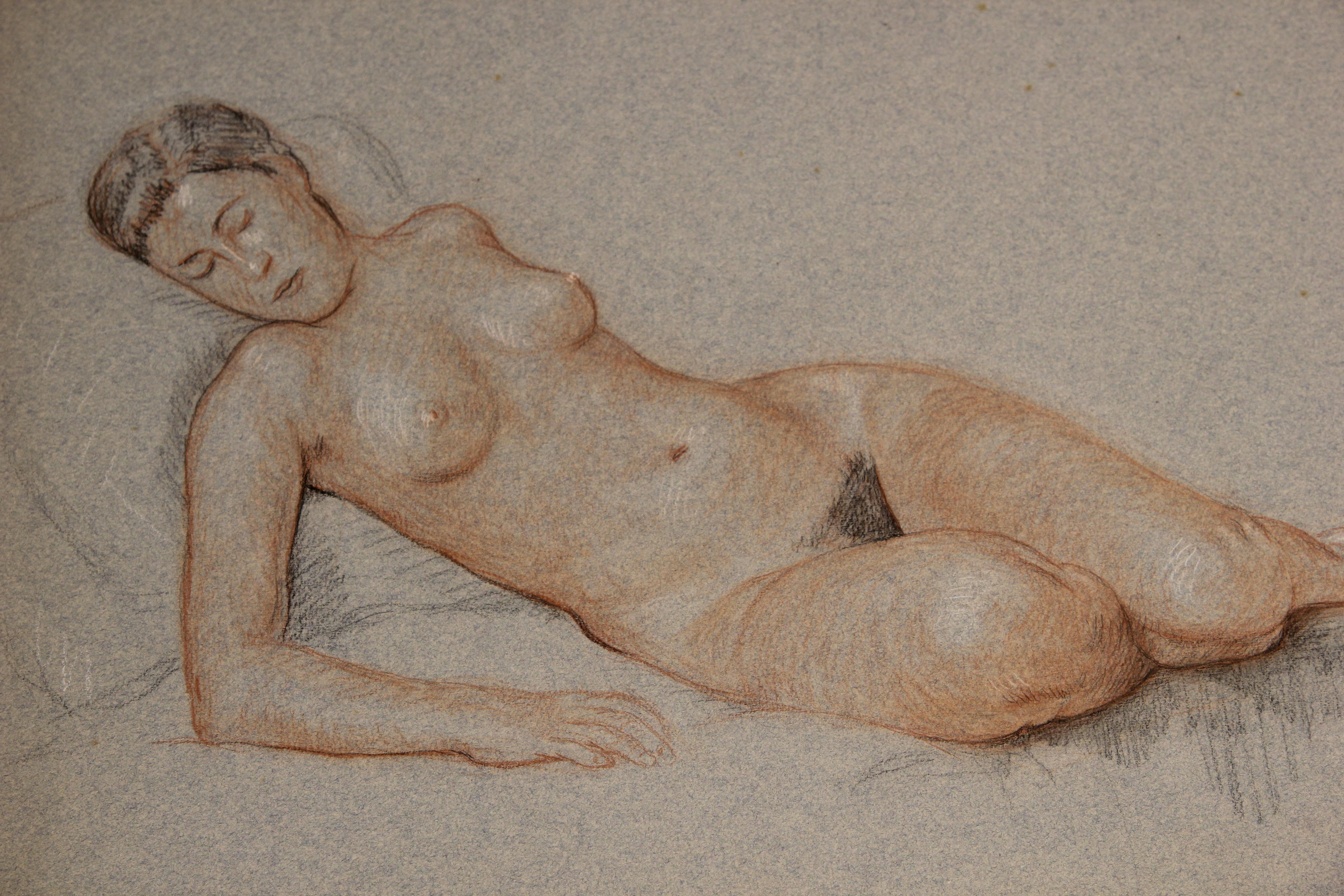 Klassische Studie einer liegenden, nackten Frau – Art von Emile Lejeune