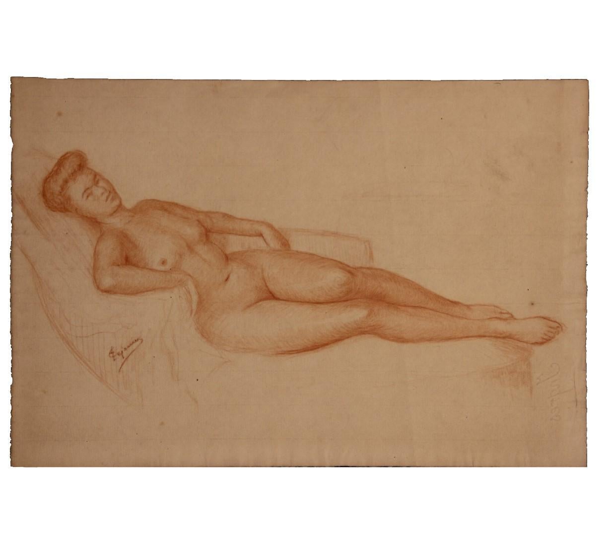 Emile Lejeune Figurative Art - French Reclining Nude Woman Study