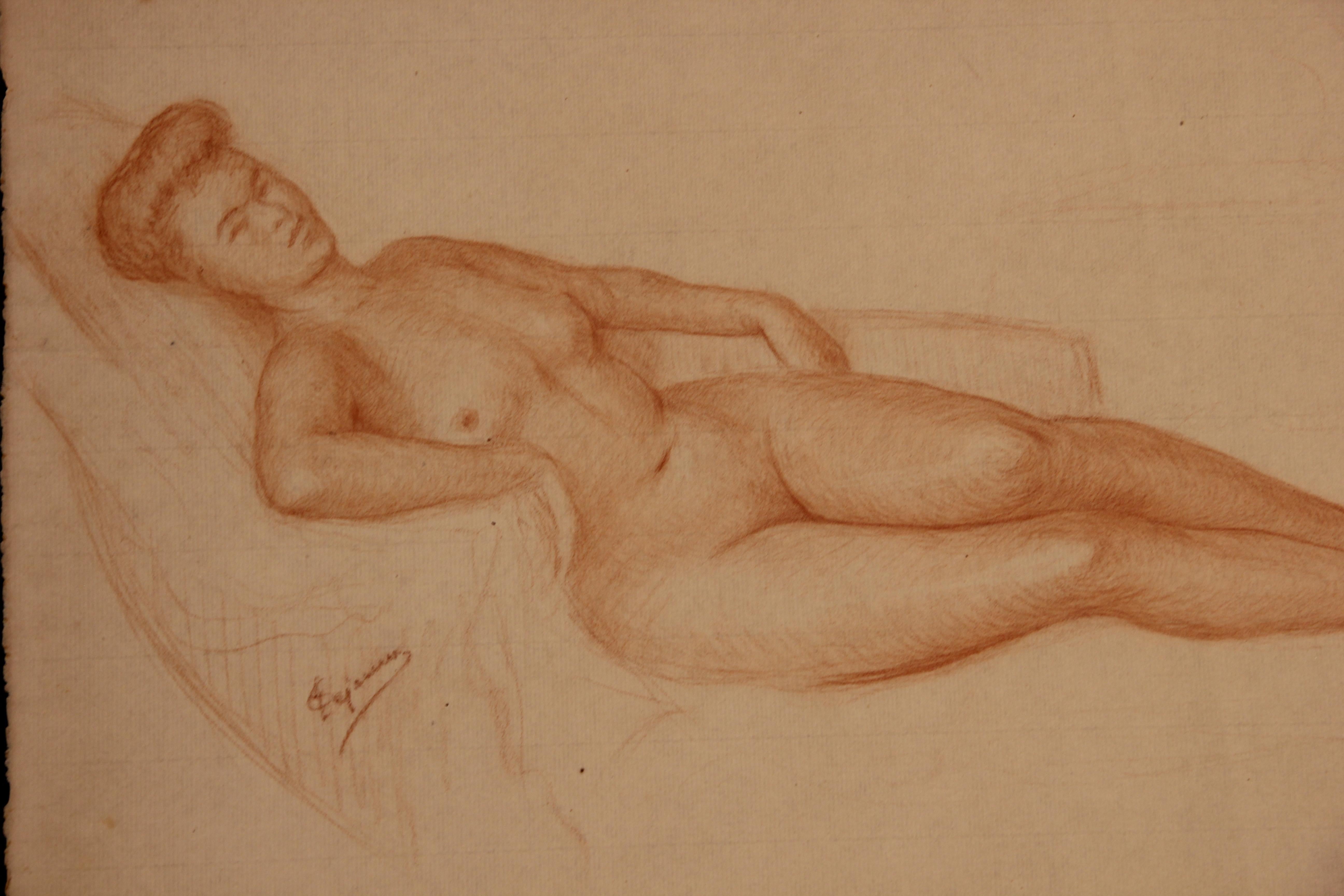 French Reclining Nude Woman Study - Art by Emile Lejeune